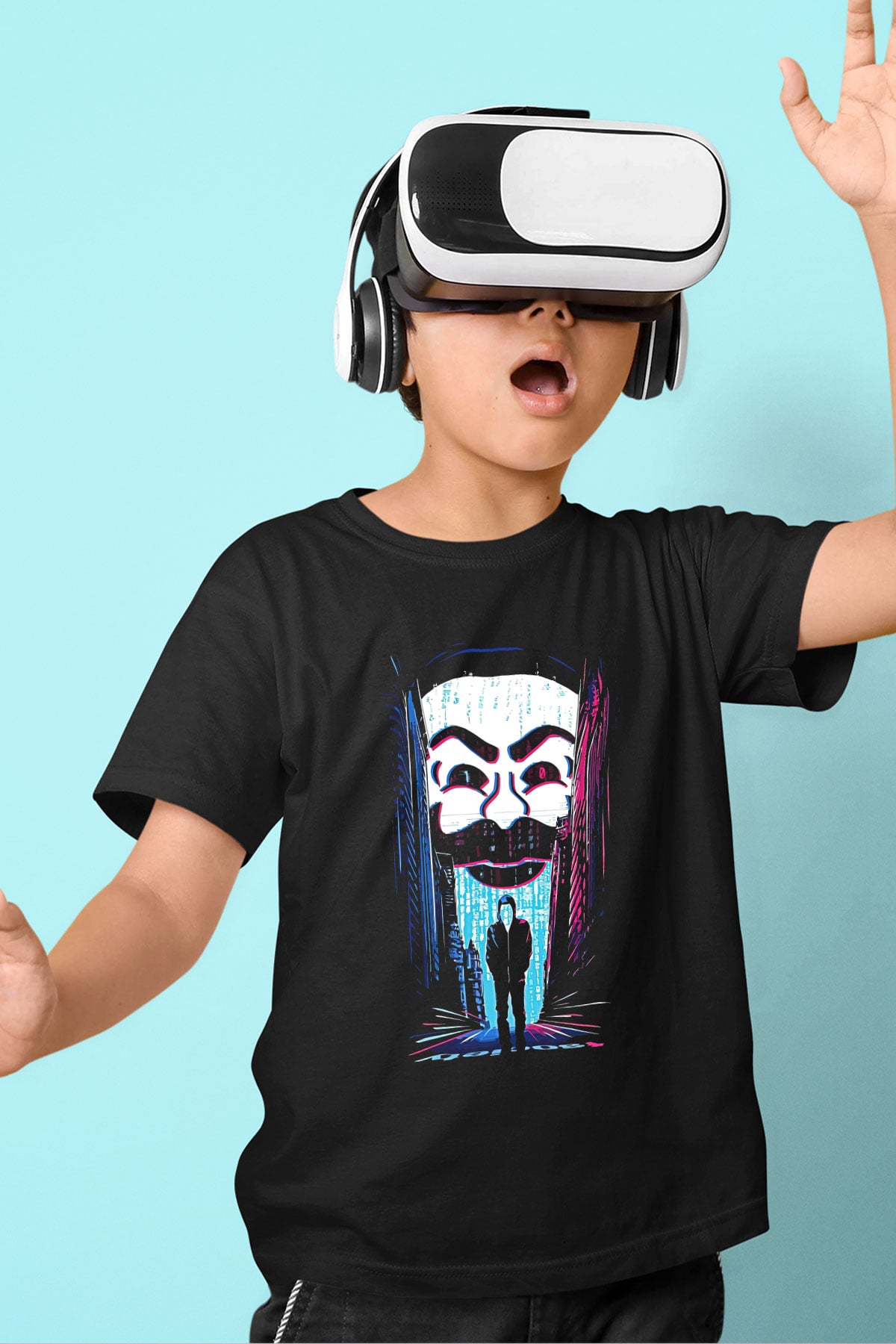 Hacker Baskılı Unisex Siyah Çocuk Tişört - Tshirt