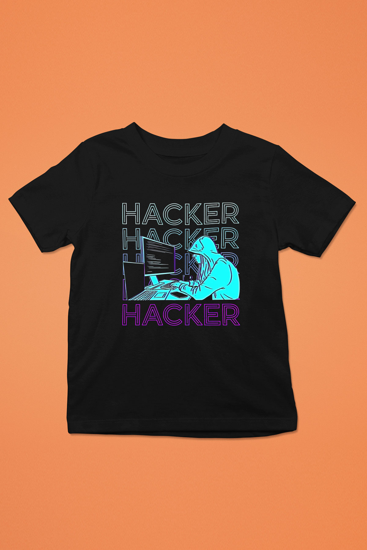 Hacker Baskılı Unisex Siyah Çocuk Tişört - Tshirt