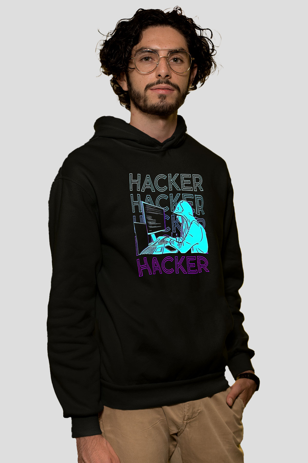 Hacker Baskılı Unisex Siyah Hoodie