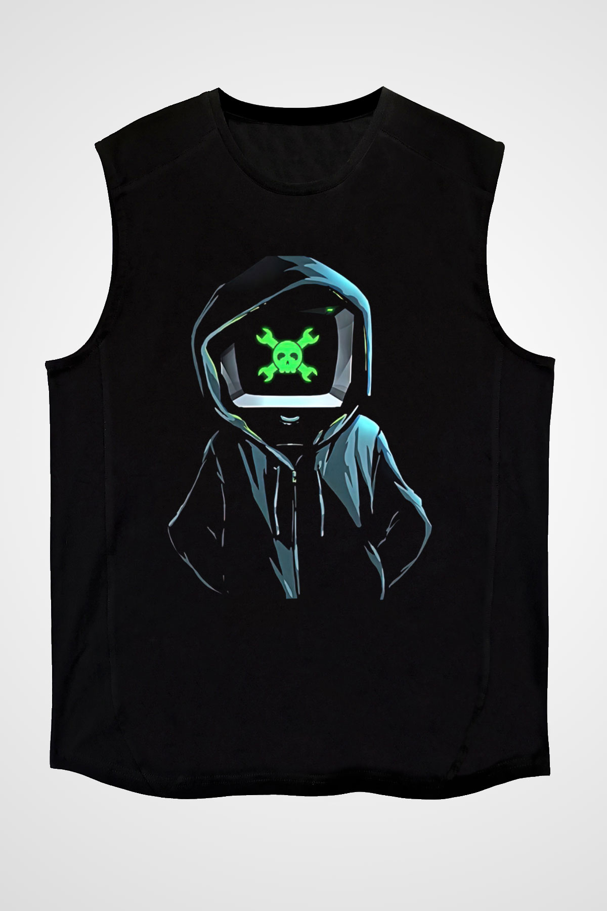 Hacker Baskılı Unisex Siyah Kolsuz Tişört - Tshirt