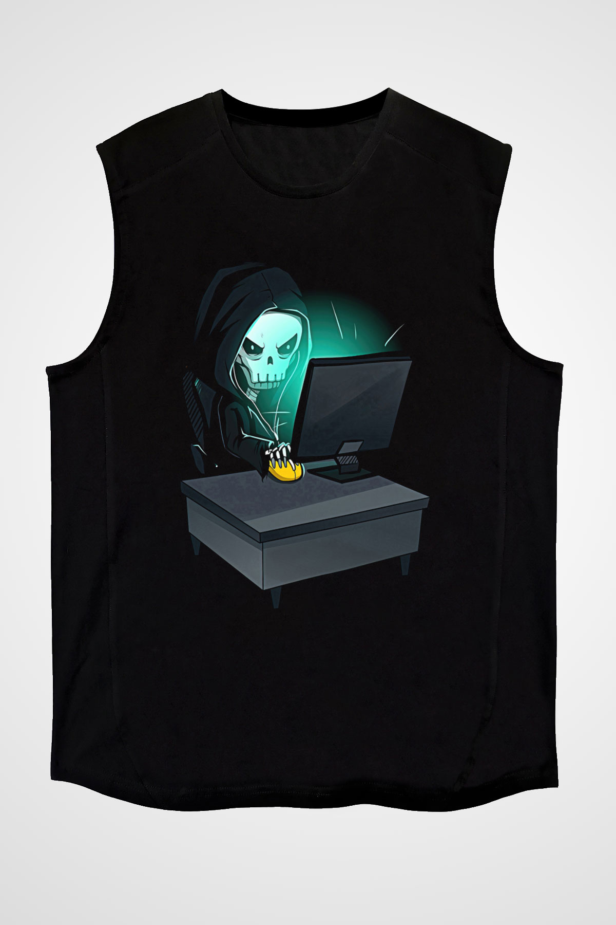 Hacker Baskılı Unisex Siyah Kolsuz Tişört - Tshirt