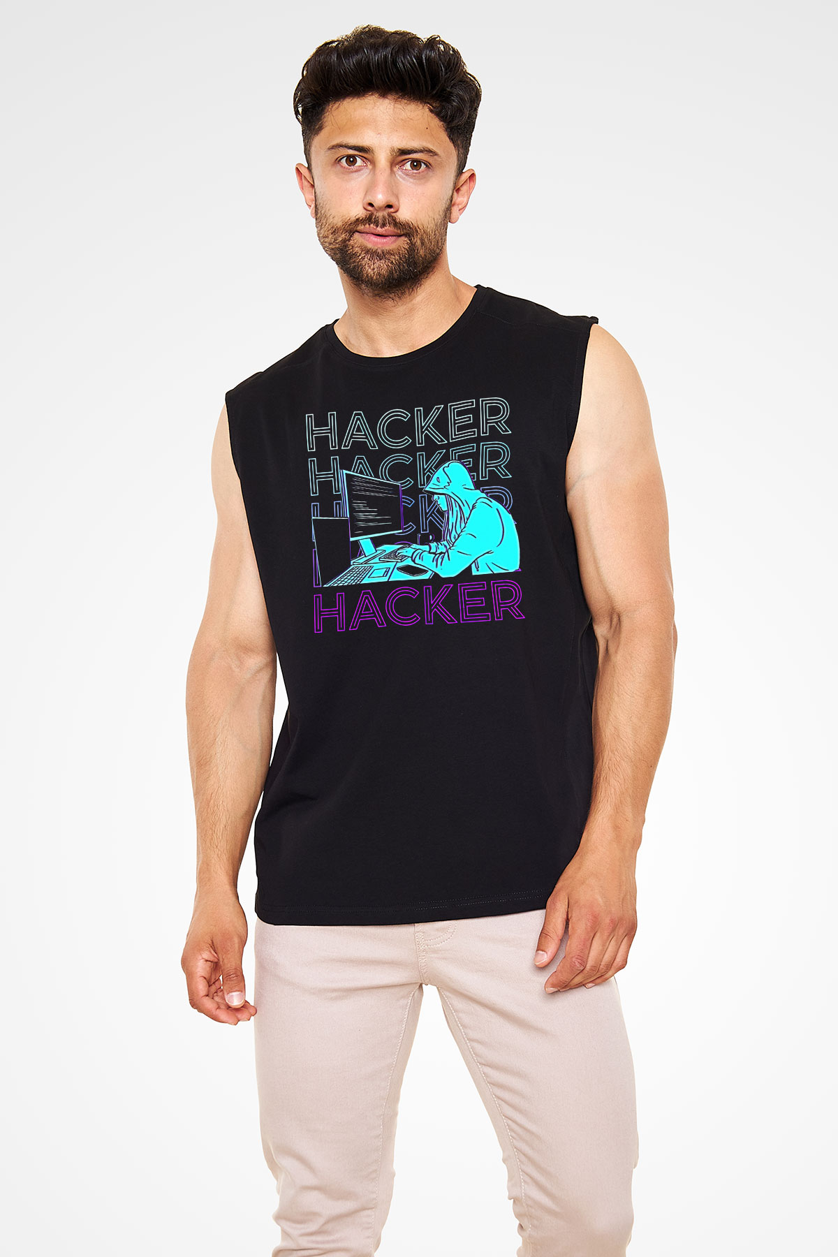 Hacker Baskılı Unisex Siyah Kolsuz Tişört - Tshirt