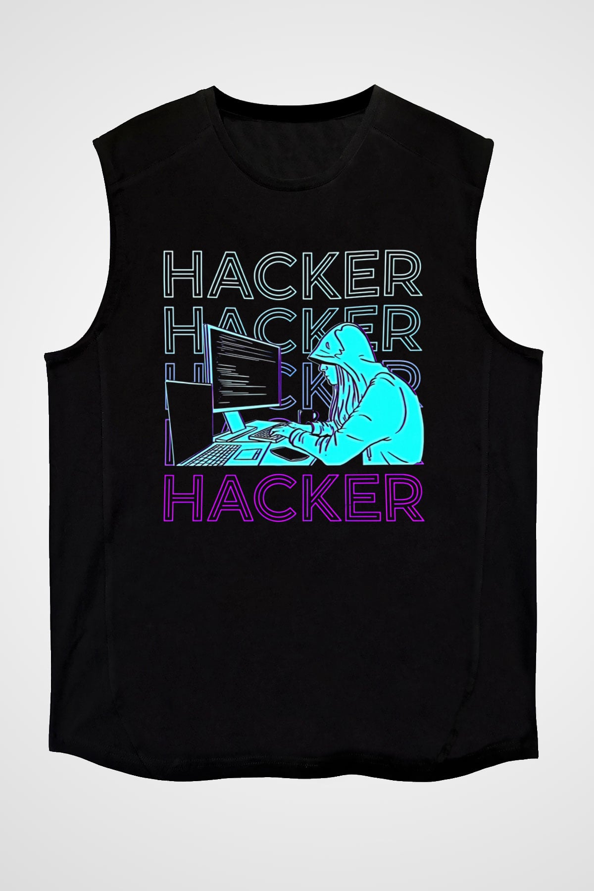 Hacker Baskılı Unisex Siyah Kolsuz Tişört - Tshirt