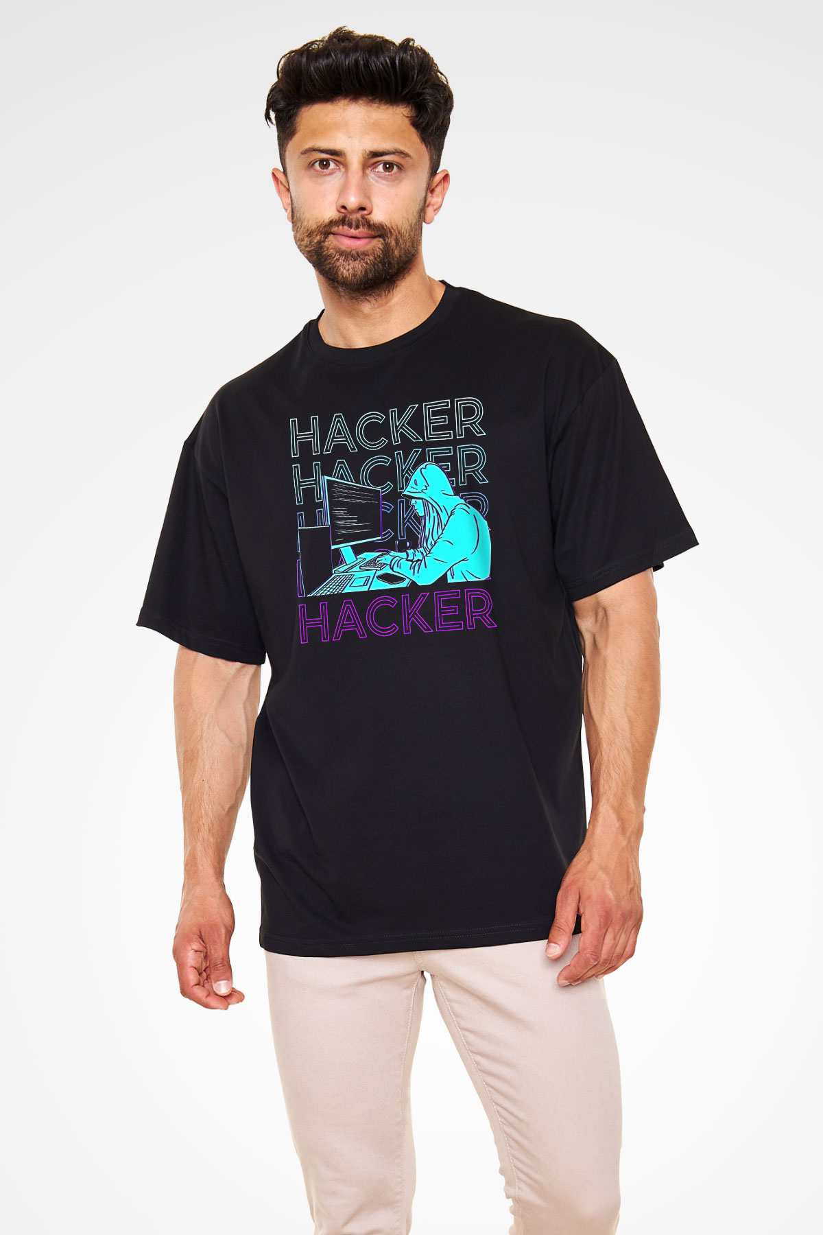 Hacker Baskılı Unisex Siyah Oversize Tişört - Tshirt