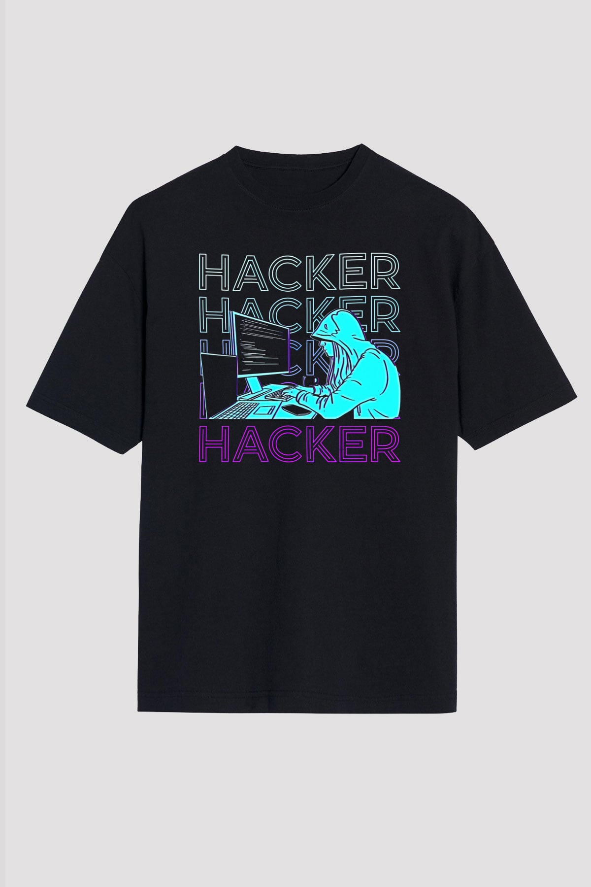 Hacker Baskılı Unisex Siyah Oversize Tişört - Tshirt
