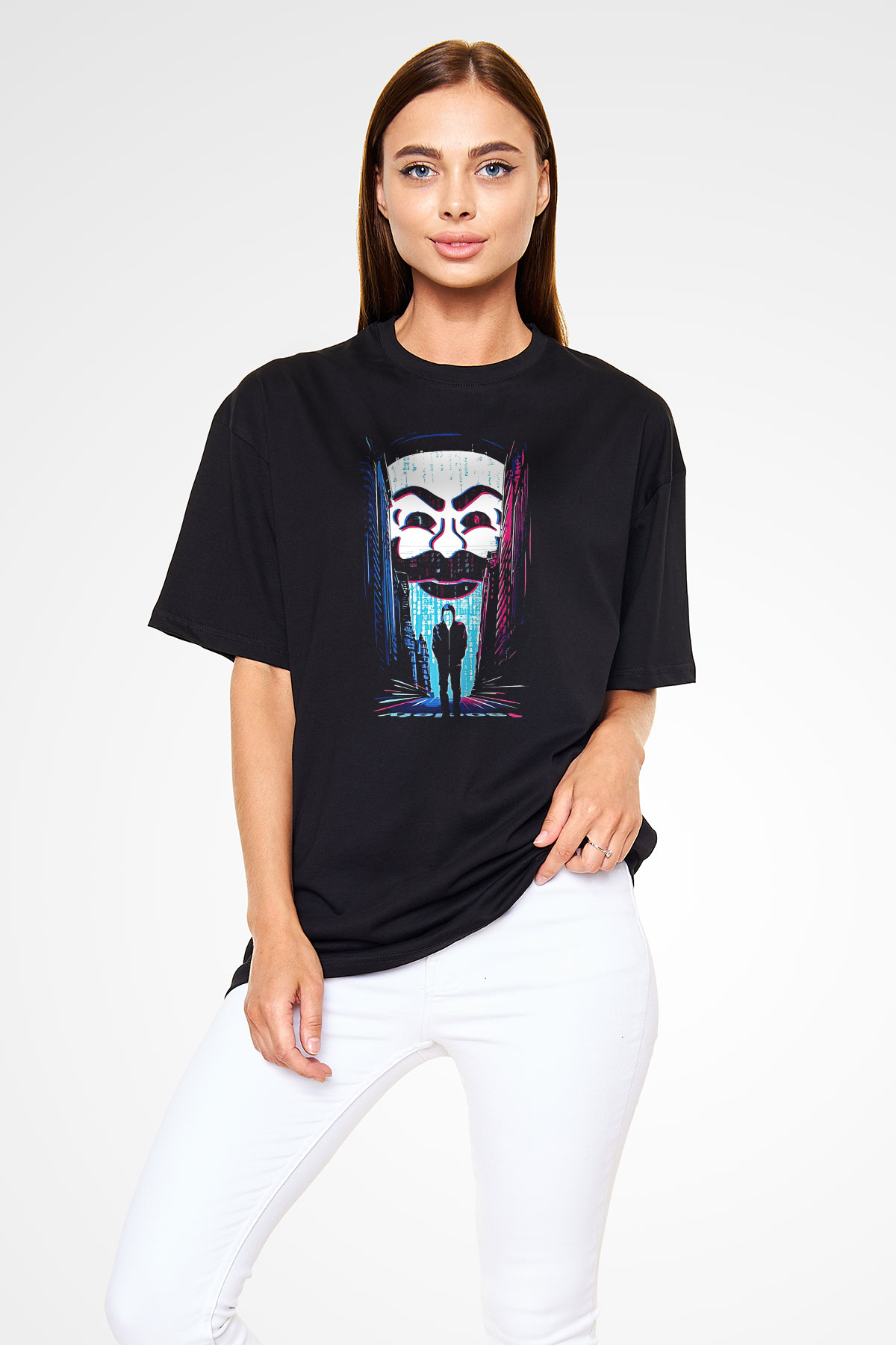 Hacker Baskılı Unisex Siyah Oversize Tişört - Tshirt