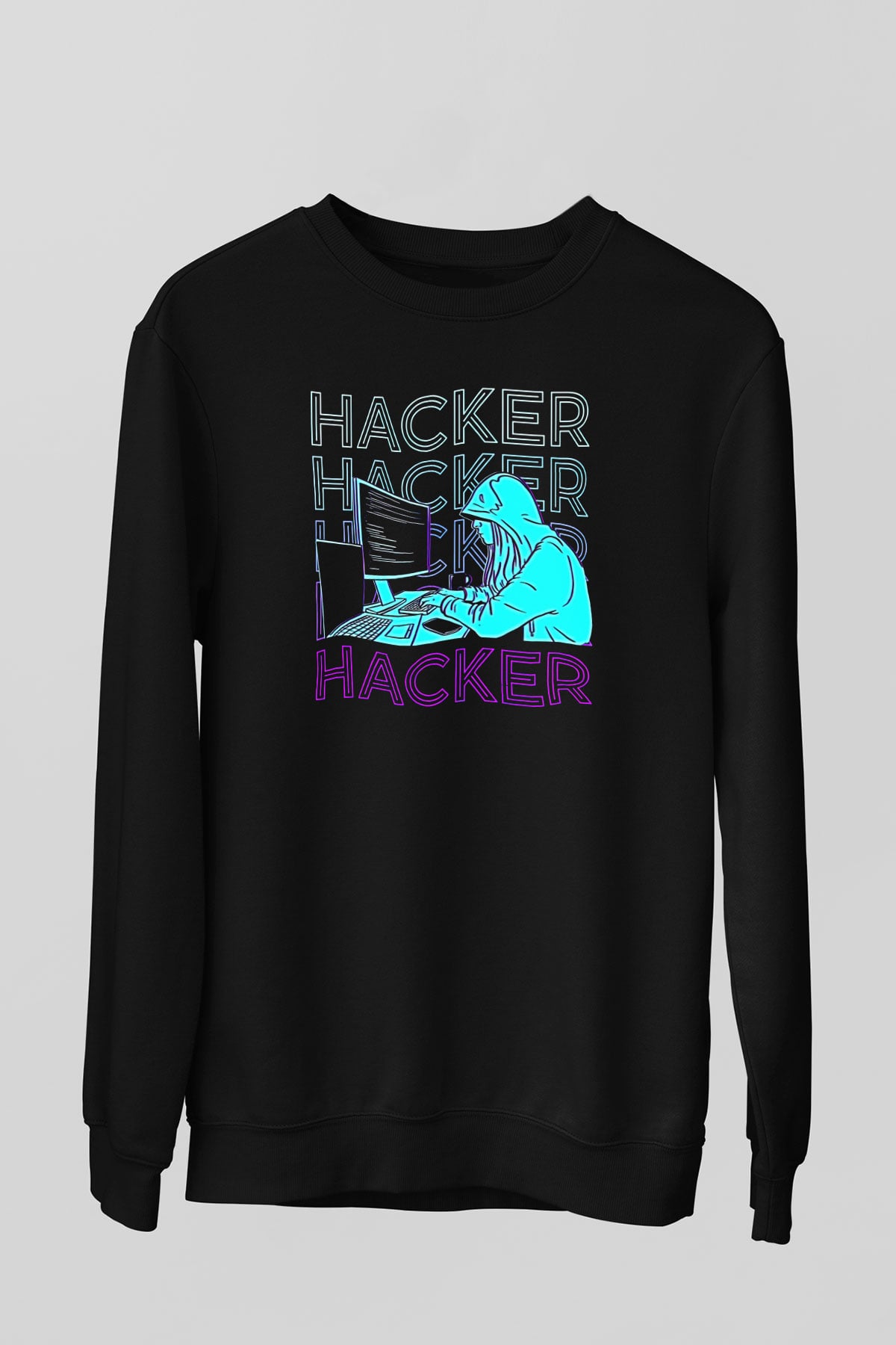 Hacker Baskılı Unisex Siyah Sweatshirt