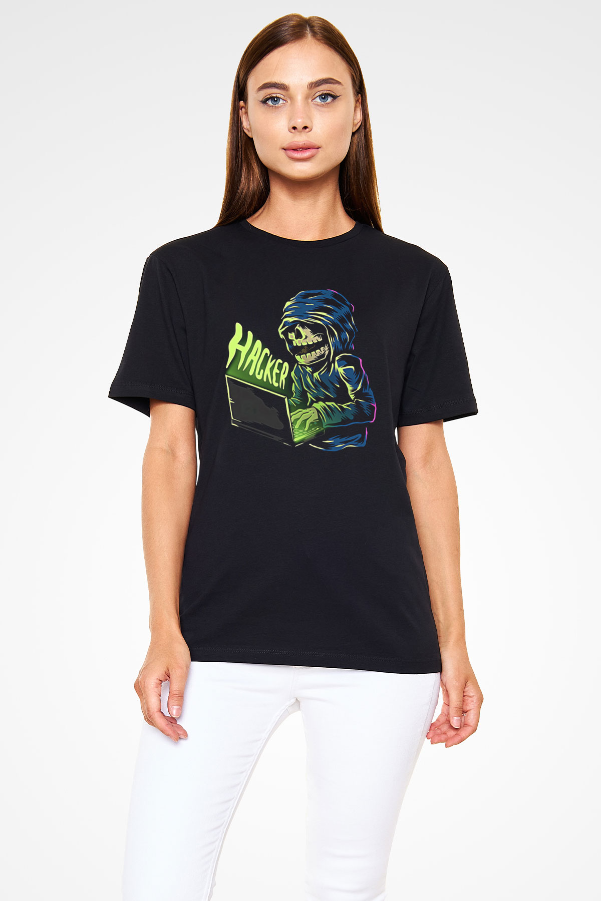 Hacker Baskılı Unisex Siyah Tişört - Tshirt