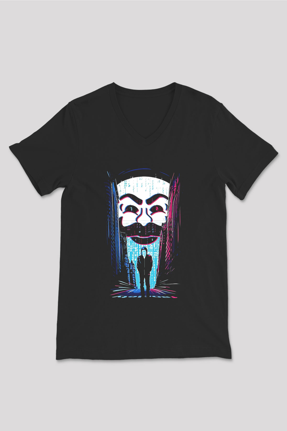 Hacker Baskılı Unisex Siyah V Yaka Tişört - Tshirt