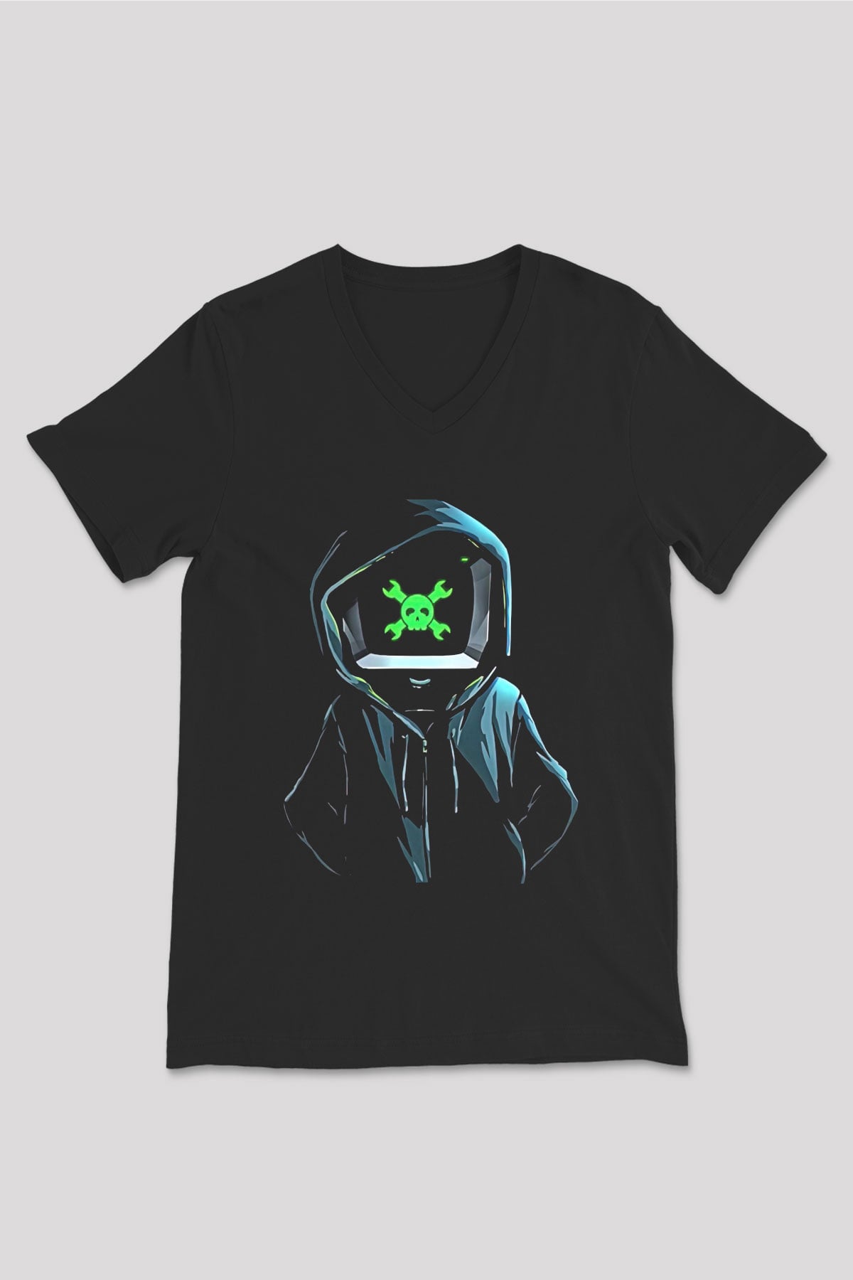 Hacker Baskılı Unisex Siyah V Yaka Tişört - Tshirt