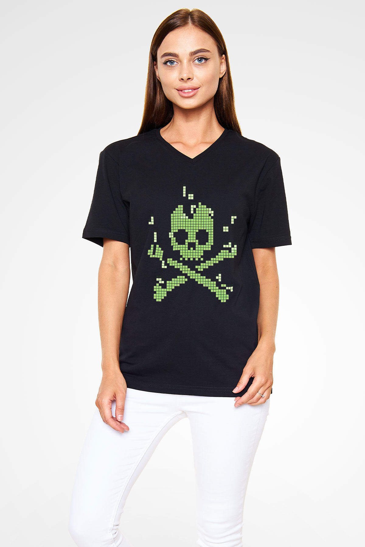 Hacker Baskılı Unisex Siyah V Yaka Tişört - Tshirt