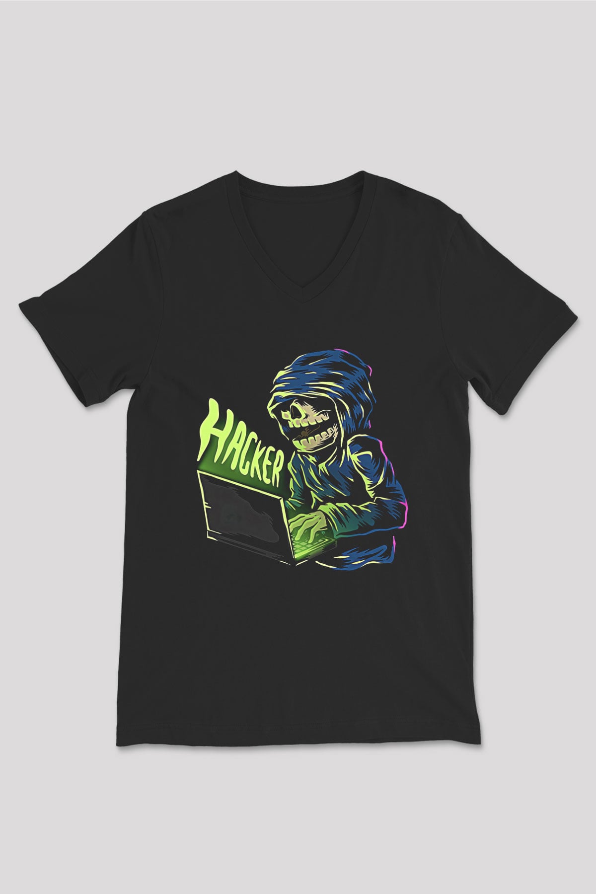 Hacker Baskılı Unisex Siyah V Yaka Tişört - Tshirt