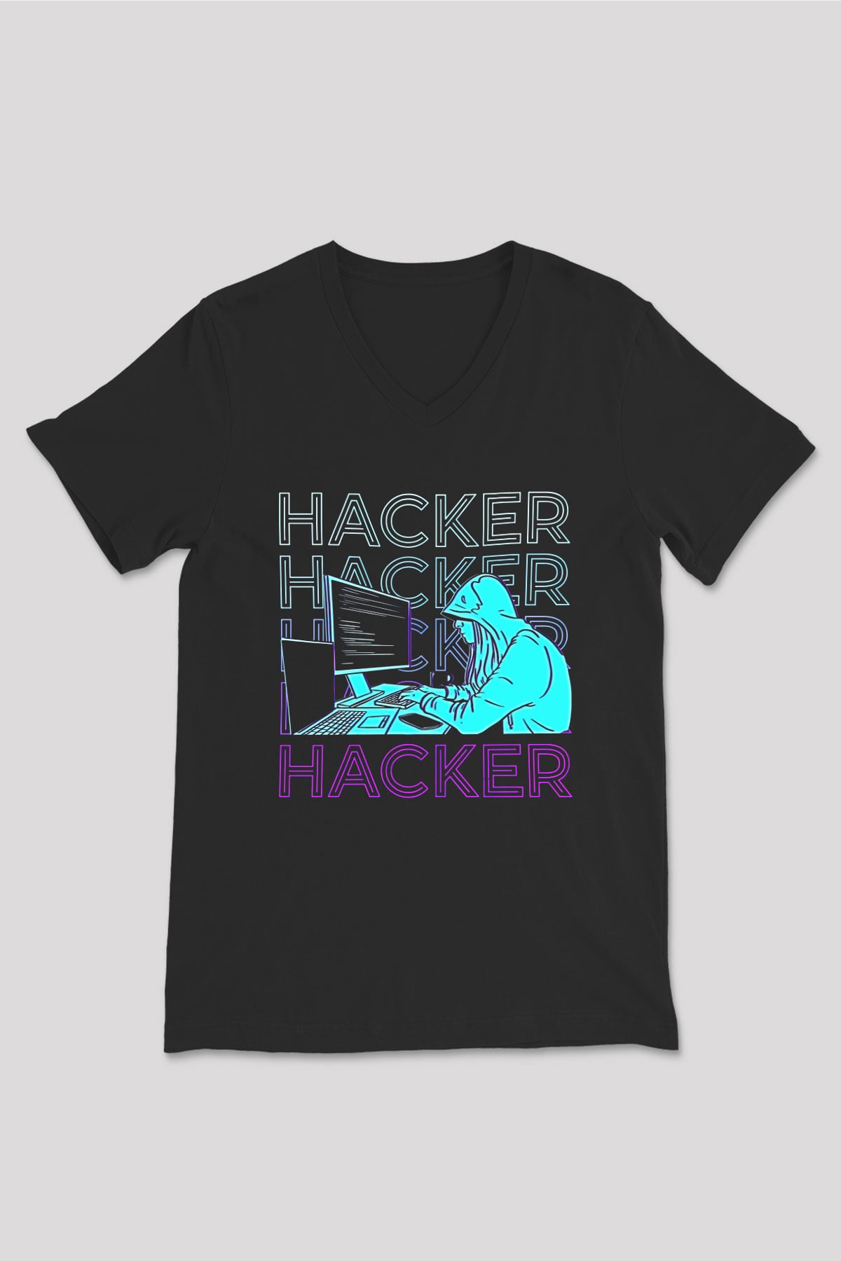Hacker Baskılı Unisex Siyah V Yaka Tişört - Tshirt