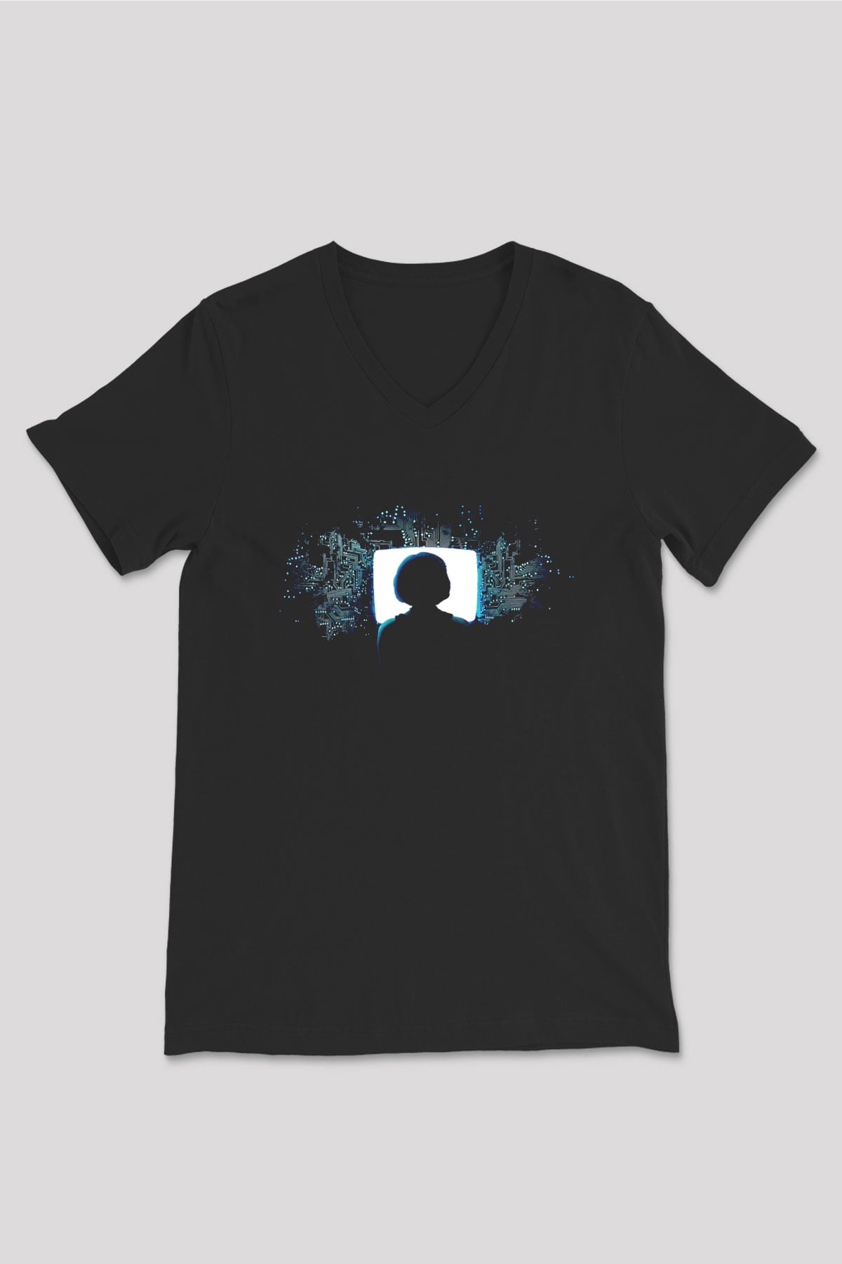 Hacker Baskılı Unisex Siyah V Yaka Tişört - Tshirt