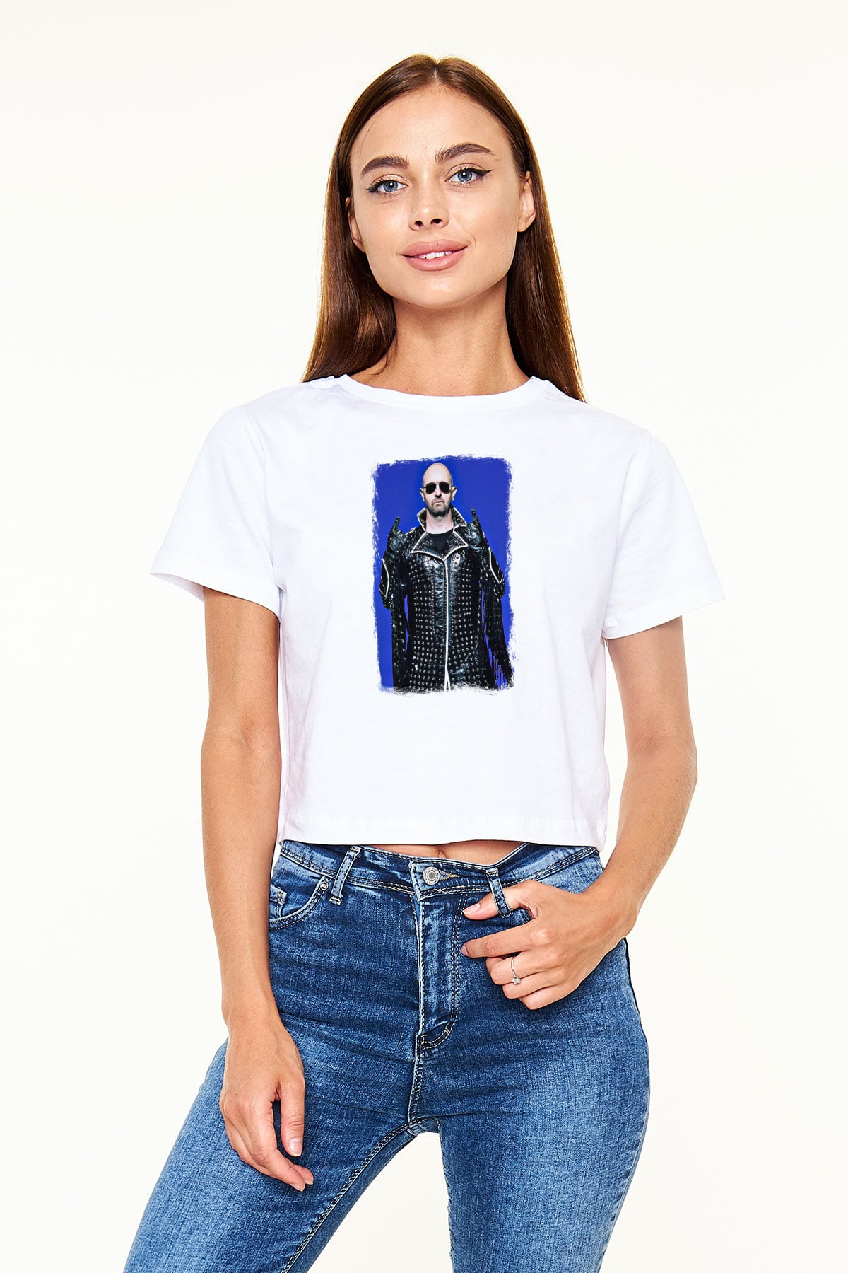Halford Baskılı Unisex Beyaz Crop Top Tişört
