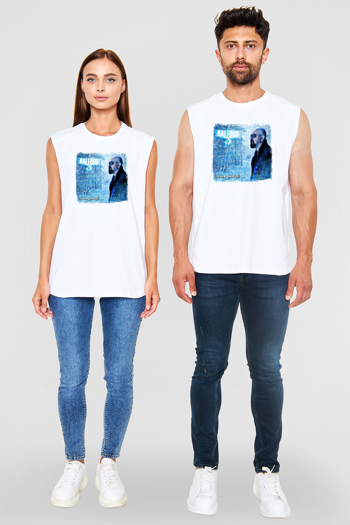 Halford Baskılı Unisex Beyaz Kolsuz Tişört