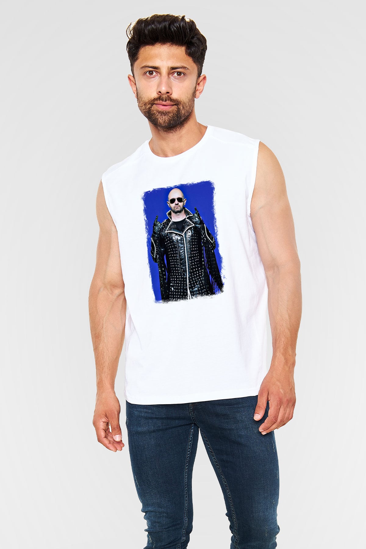 Halford Baskılı Unisex Beyaz Kolsuz Tişört
