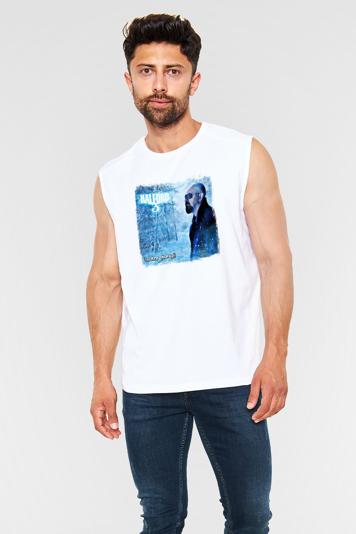 Halford Baskılı Unisex Beyaz Kolsuz Tişört