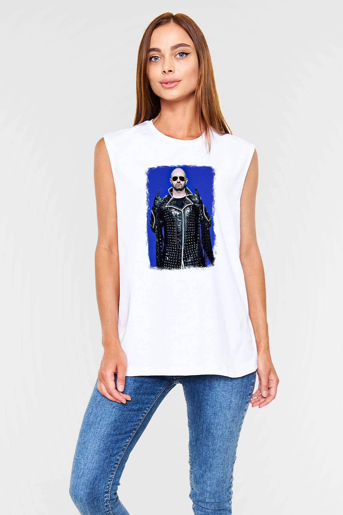 Halford Baskılı Unisex Beyaz Kolsuz Tişört