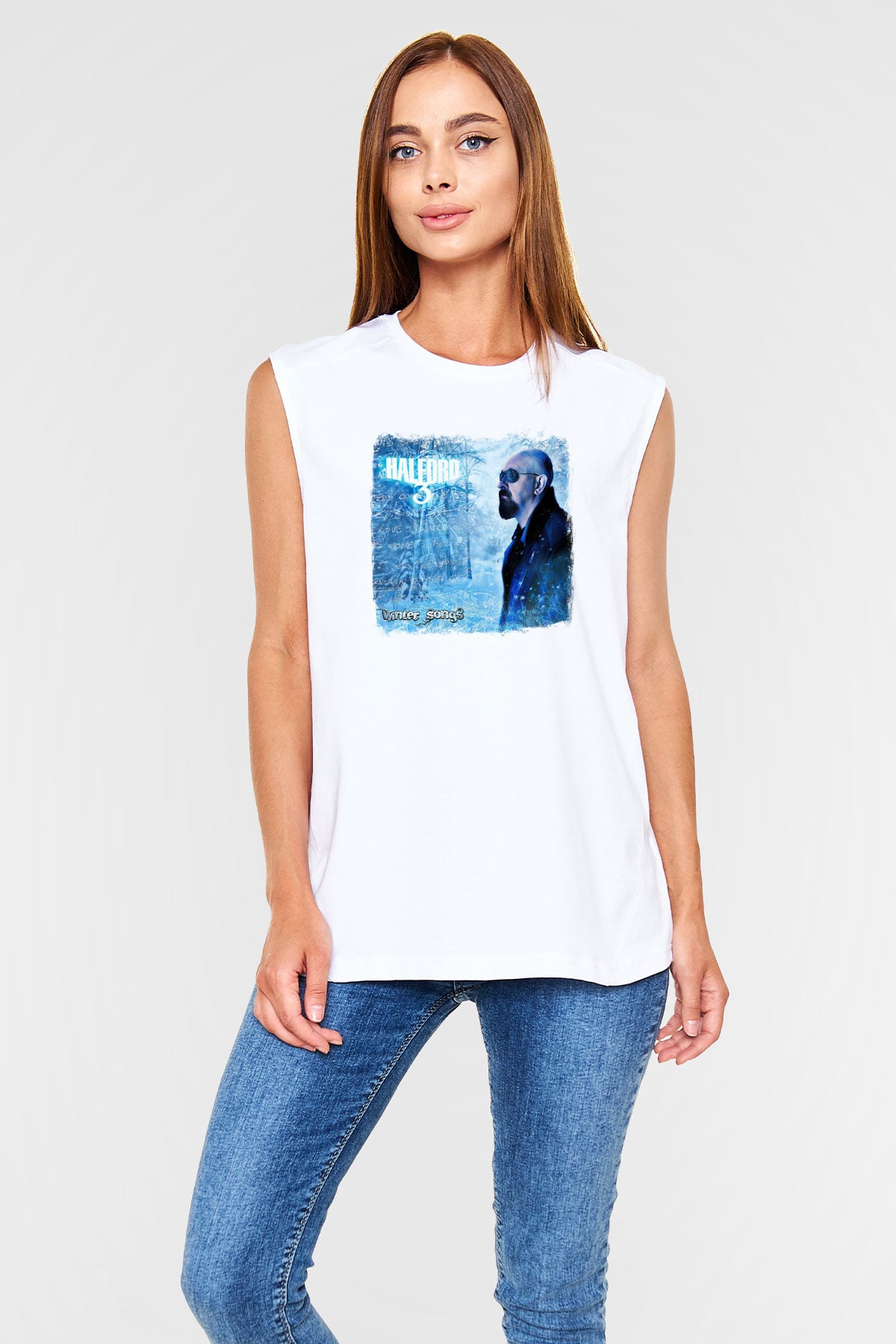 Halford Baskılı Unisex Beyaz Kolsuz Tişört