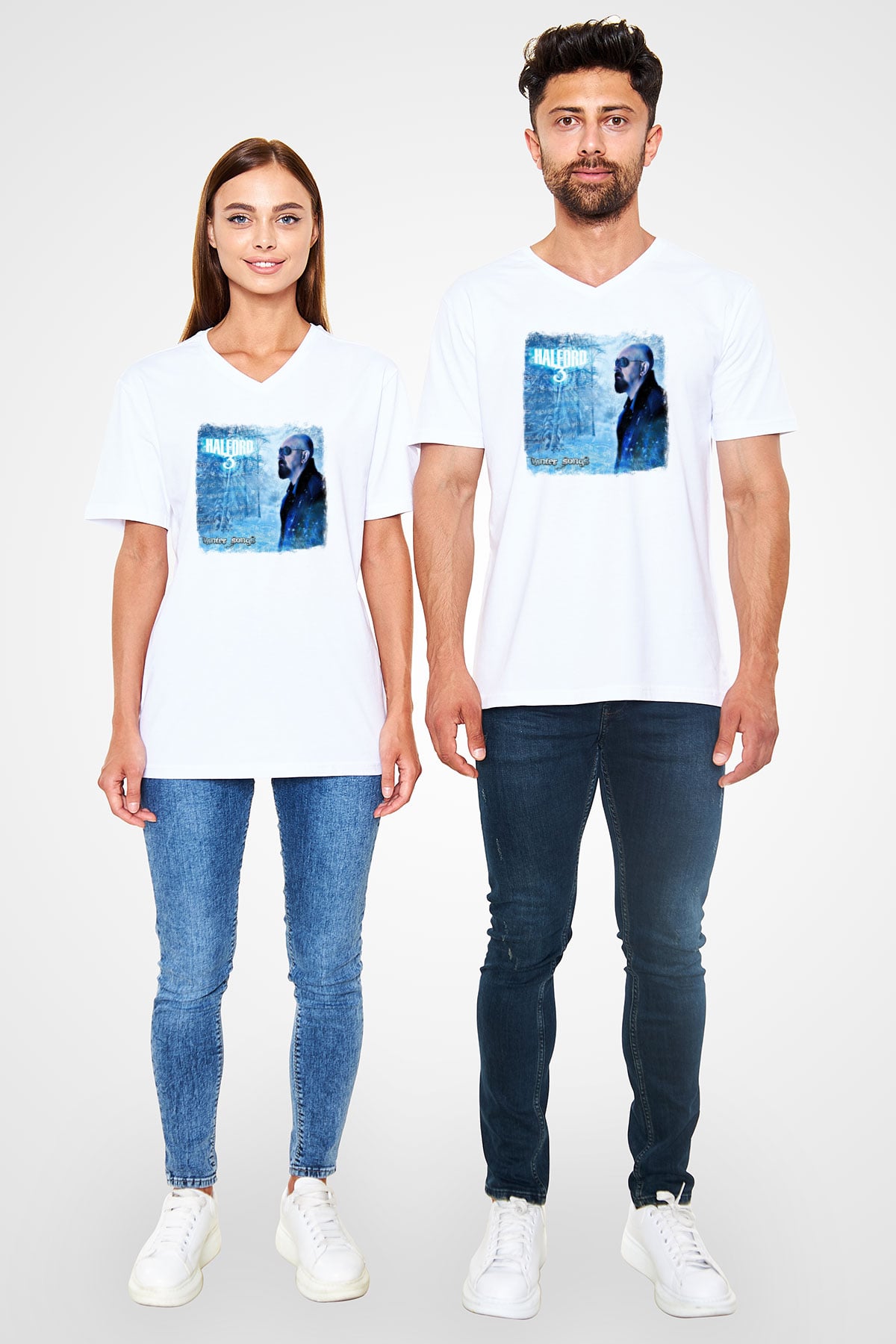 Halford Baskılı Unisex Beyaz V Yaka Tişört