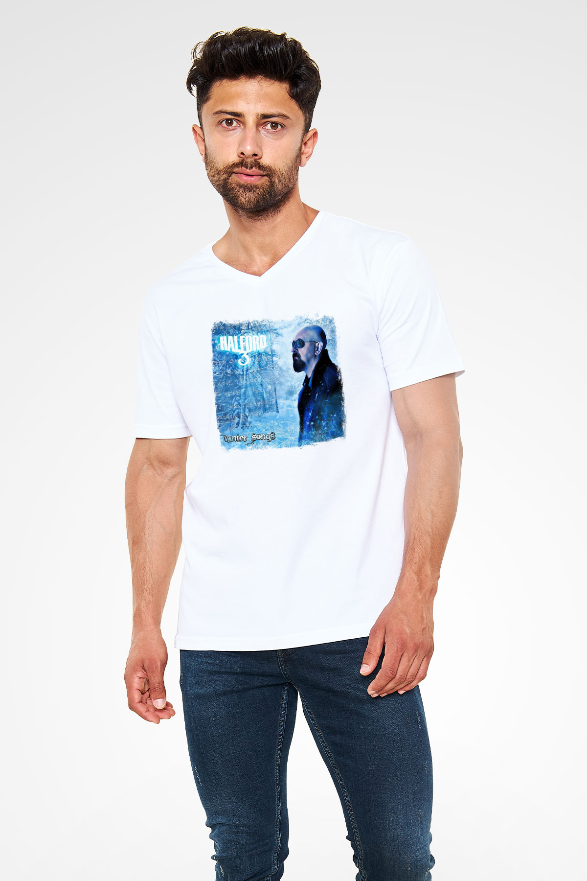 Halford Baskılı Unisex Beyaz V Yaka Tişört