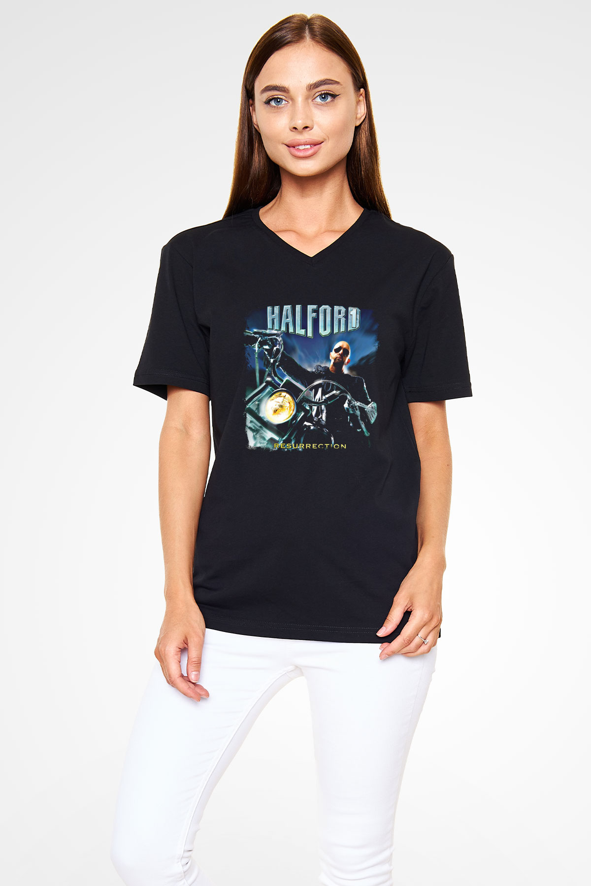 Halford Baskılı Unisex Siyah V Yaka Tişört