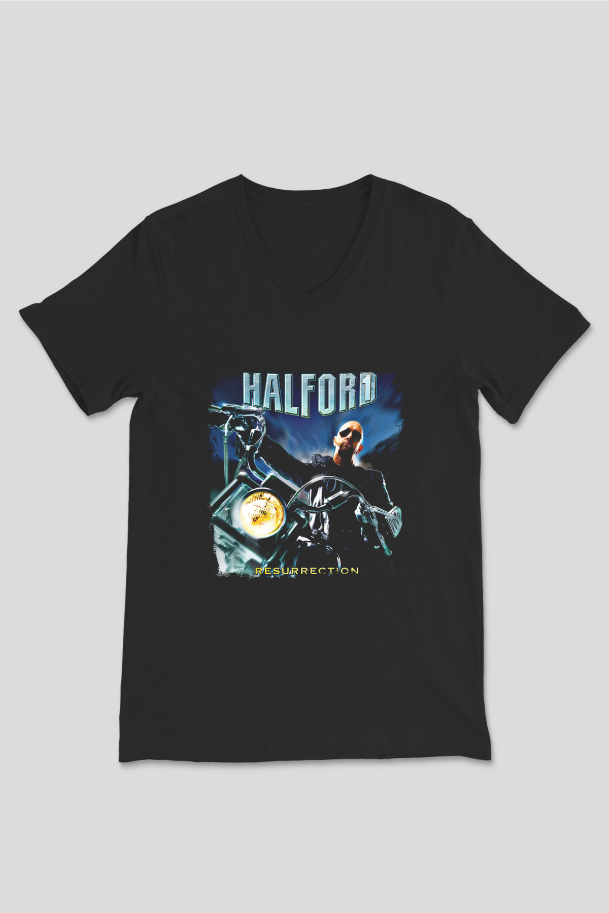 Halford Baskılı Unisex Siyah V Yaka Tişört