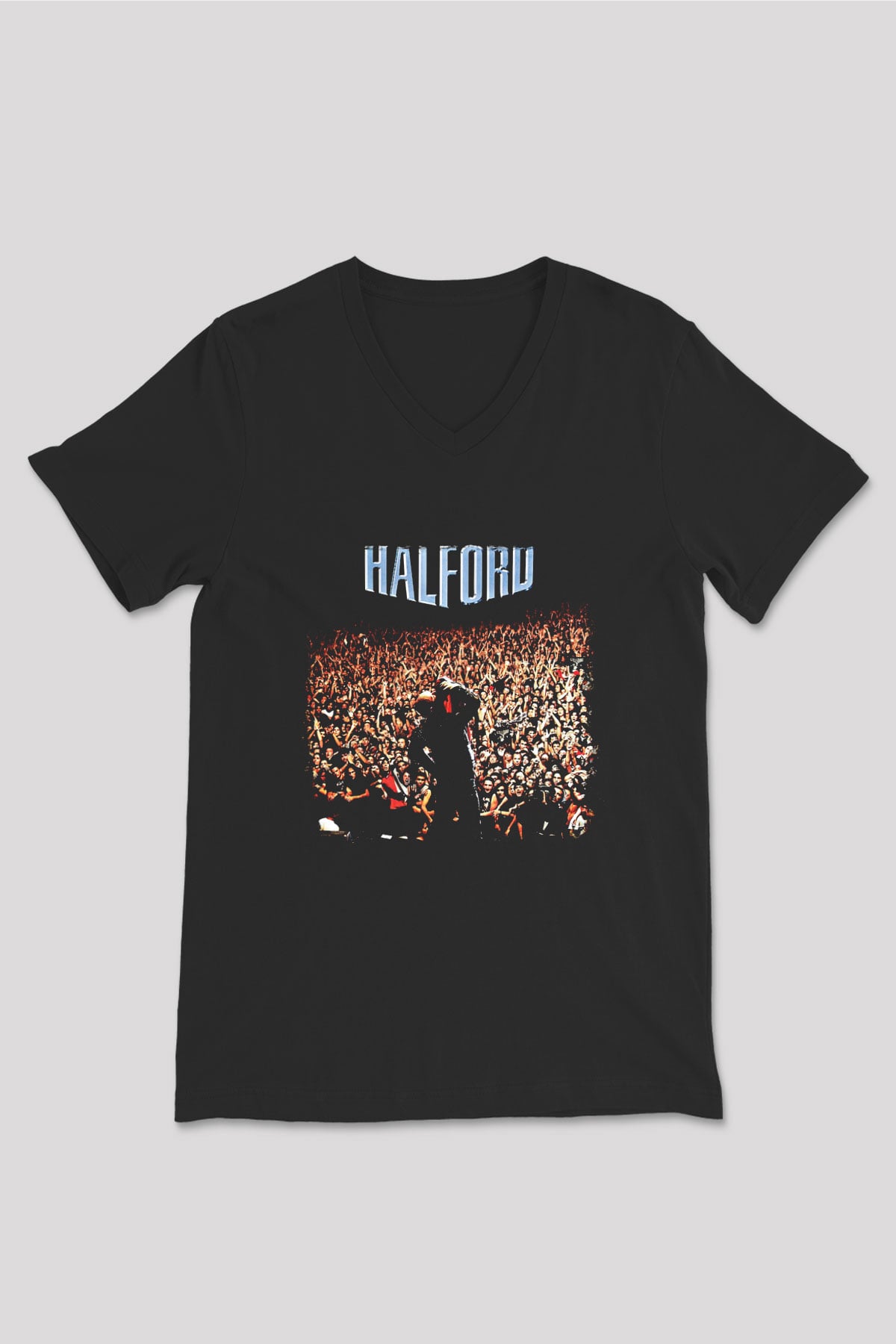 Halford Baskılı Unisex Siyah V Yaka Tişört