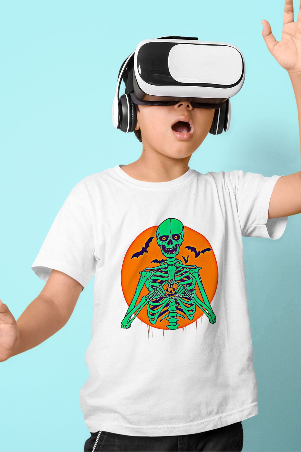 Halloween Baskılı Beyaz Unisex Beyaz Çocuk Tişört - Tshirt