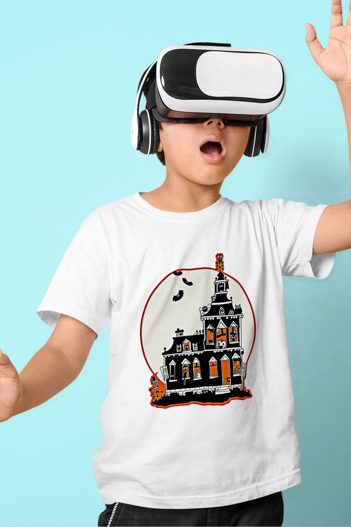 Halloween Baskılı Beyaz Unisex Beyaz Çocuk Tişört - Tshirt