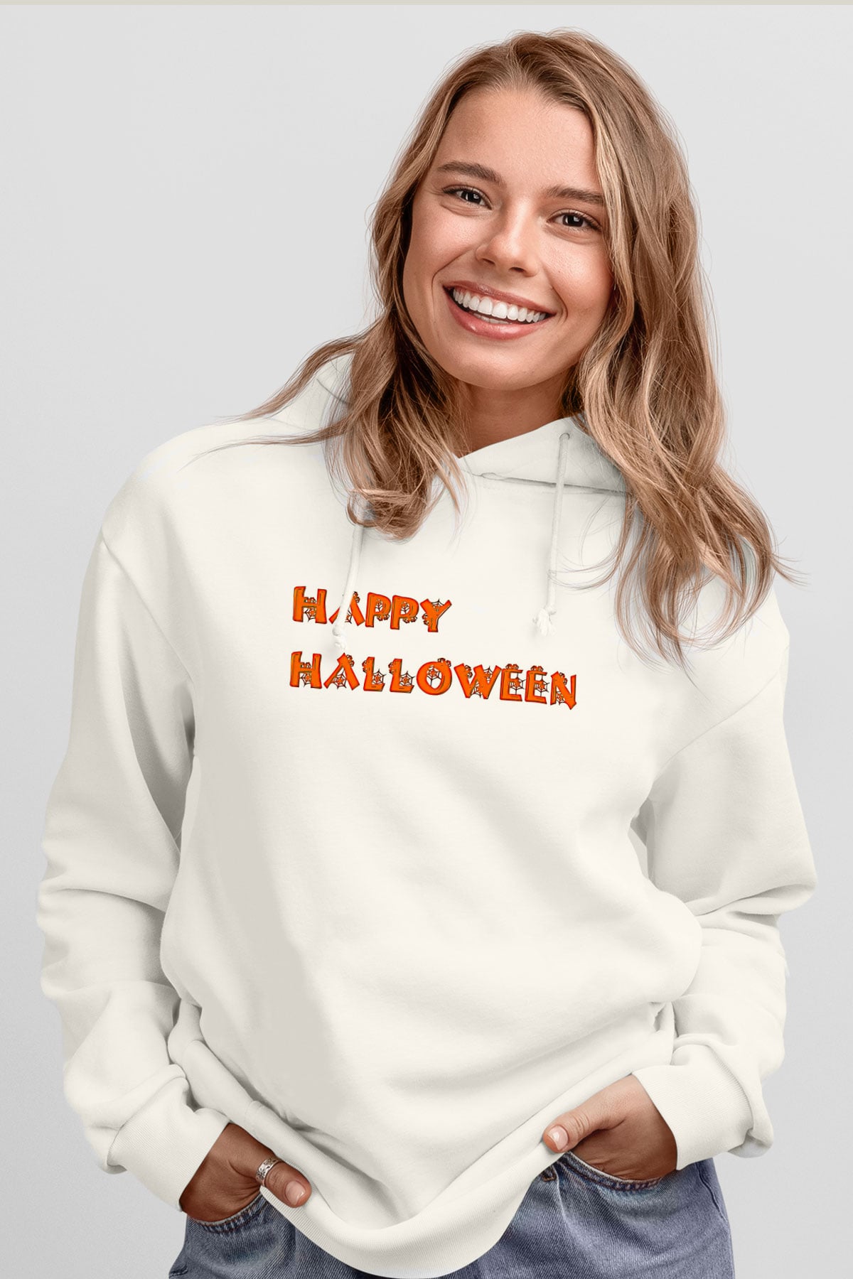 Halloween Baskılı Beyaz Unisex Hoodie