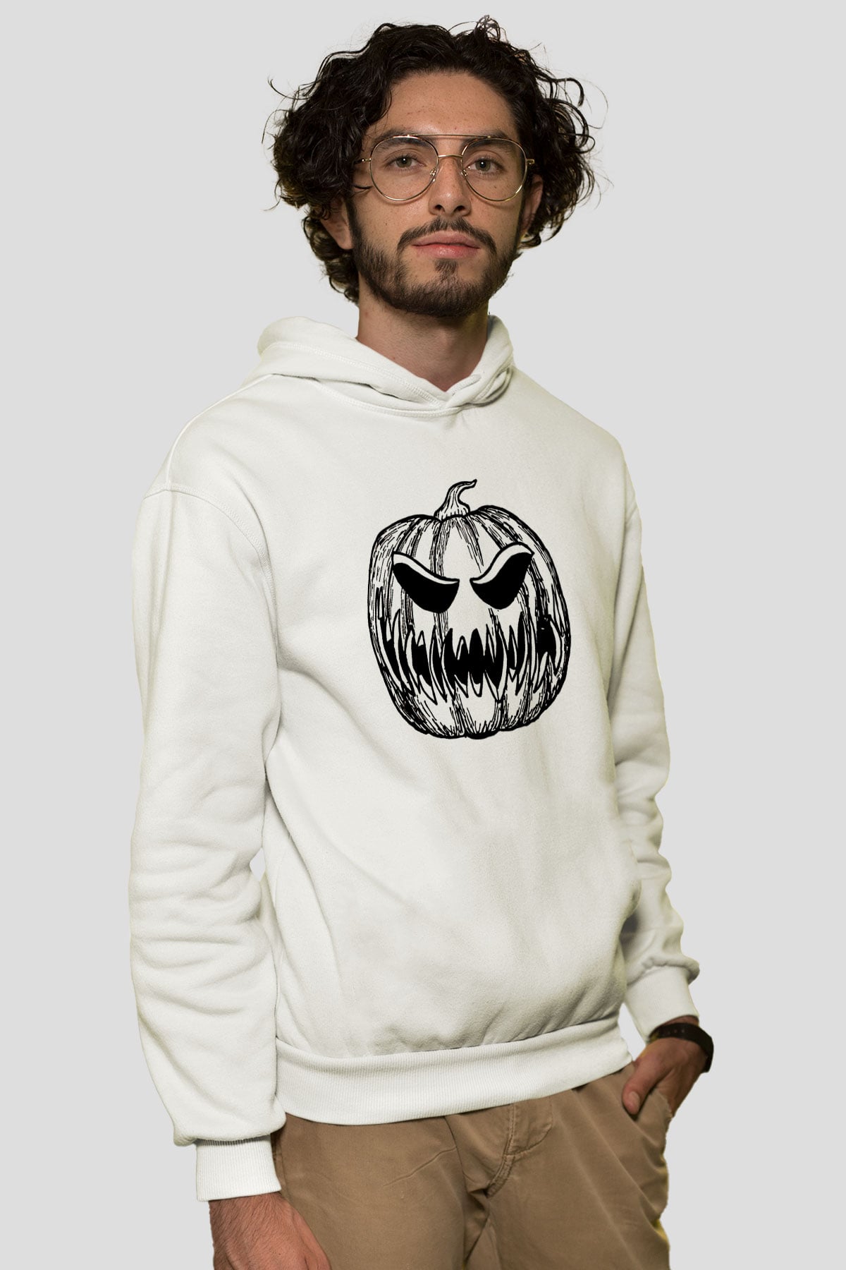 Halloween Baskılı Beyaz Unisex Hoodie