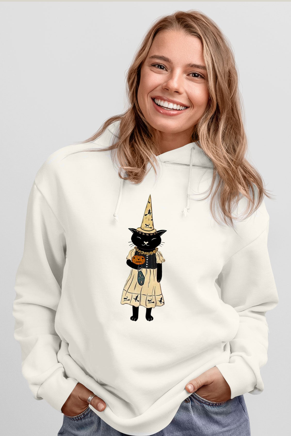 Halloween Baskılı Beyaz Unisex Kapüşonlu Sweatshirt