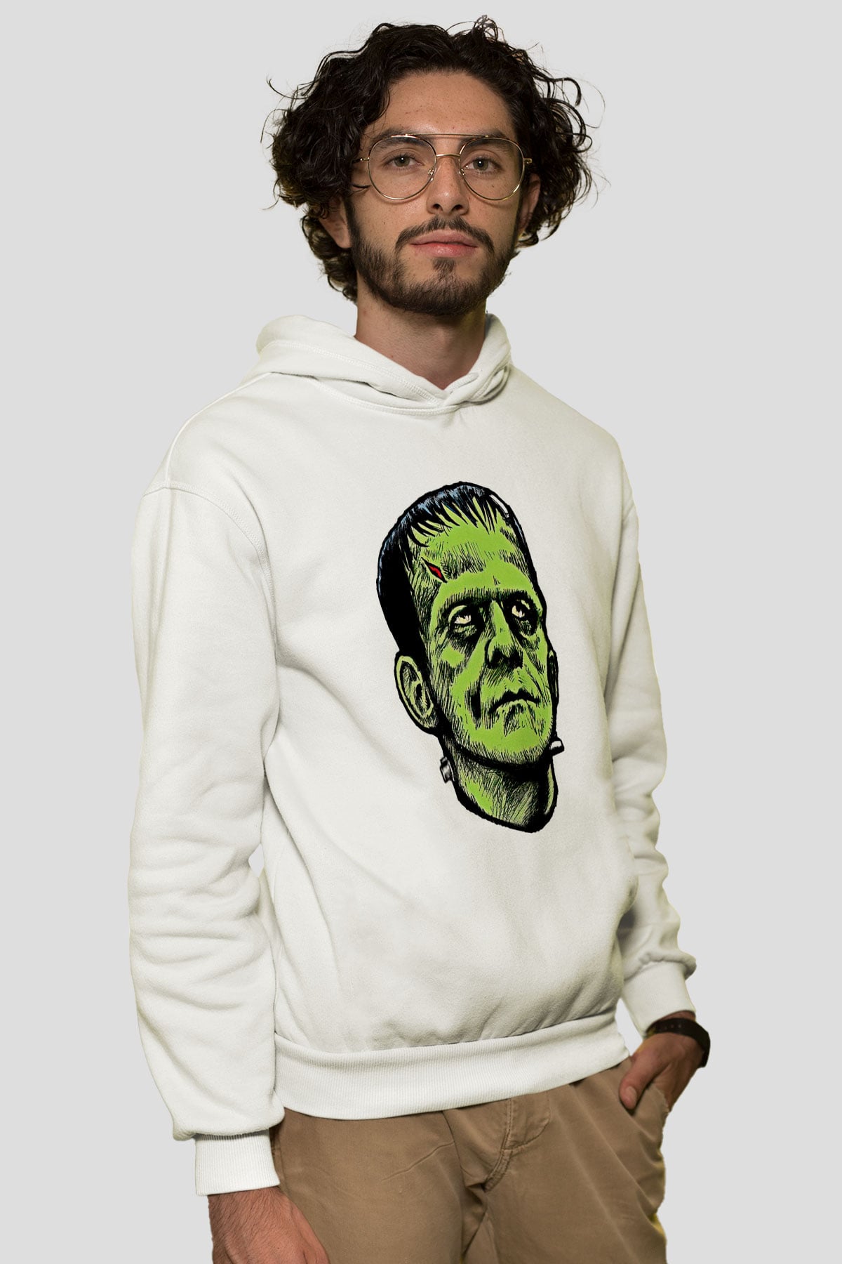 Halloween Baskılı Beyaz Unisex Kapüşonlu Sweatshirt