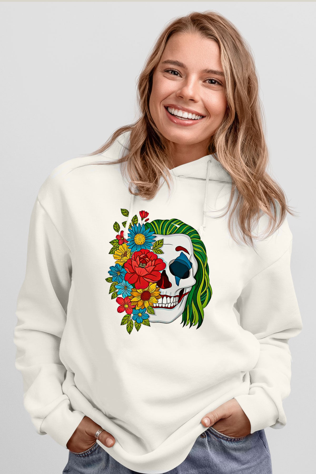 Halloween Baskılı Beyaz Unisex Kapüşonlu Sweatshirt