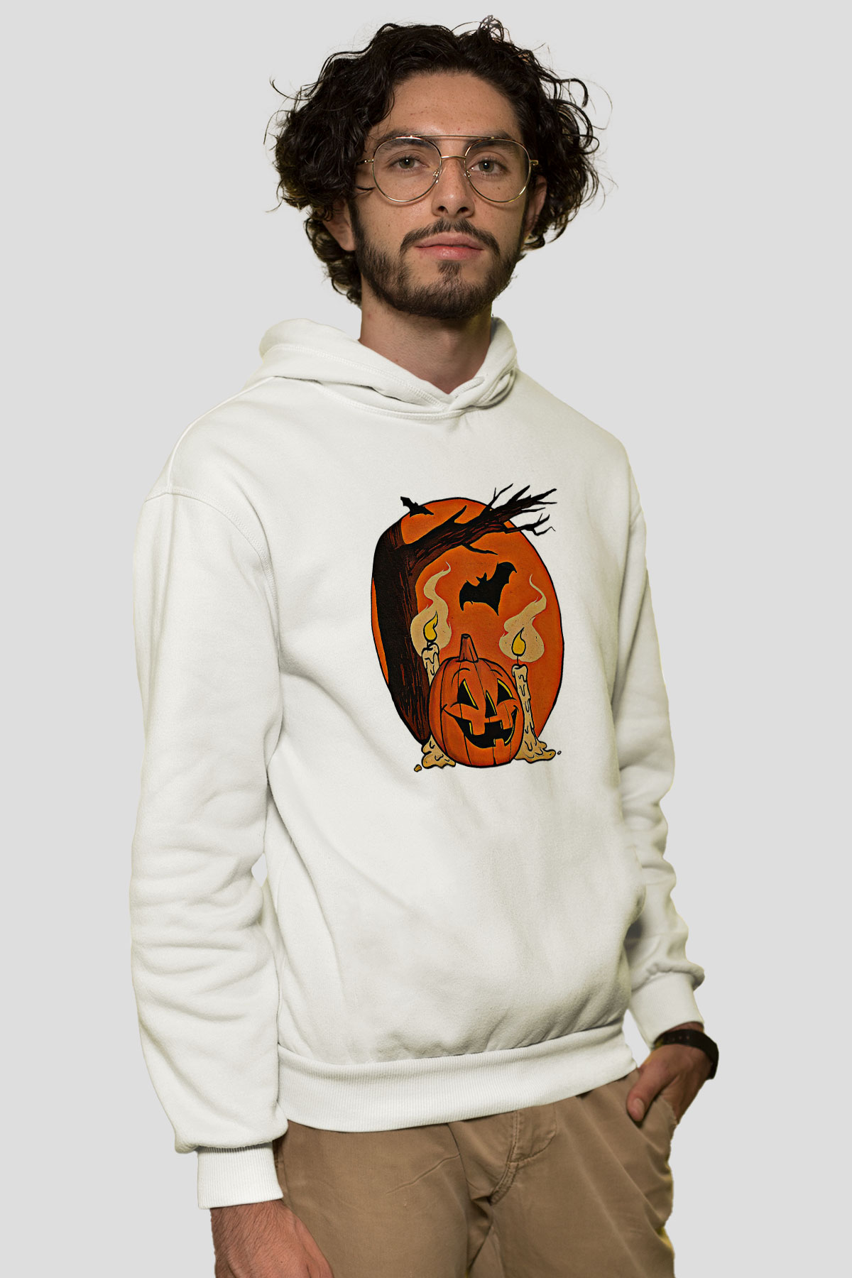Halloween Baskılı Beyaz Unisex Kapüşonlu Sweatshirt