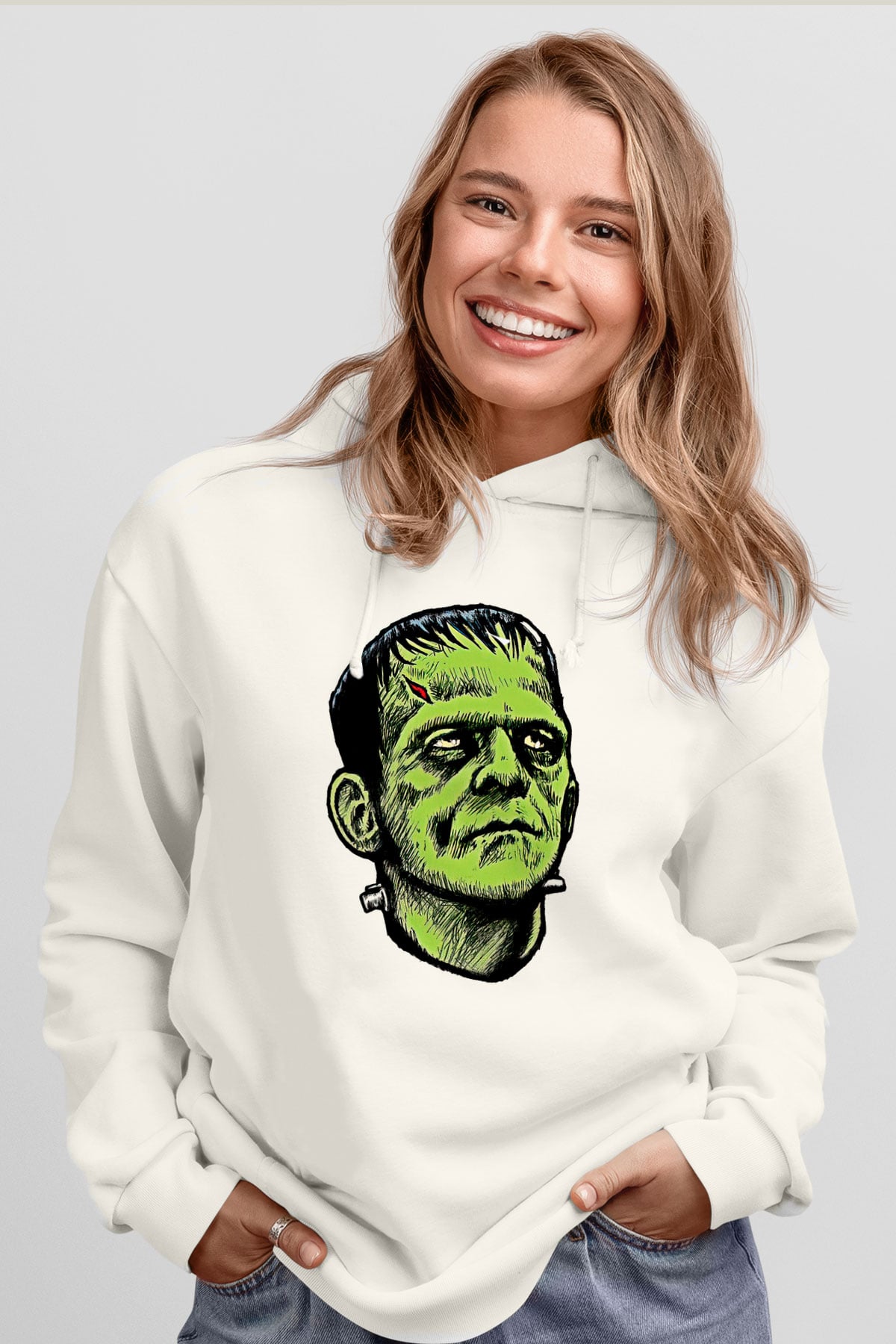 Halloween Baskılı Beyaz Unisex Kapüşonlu Sweatshirt
