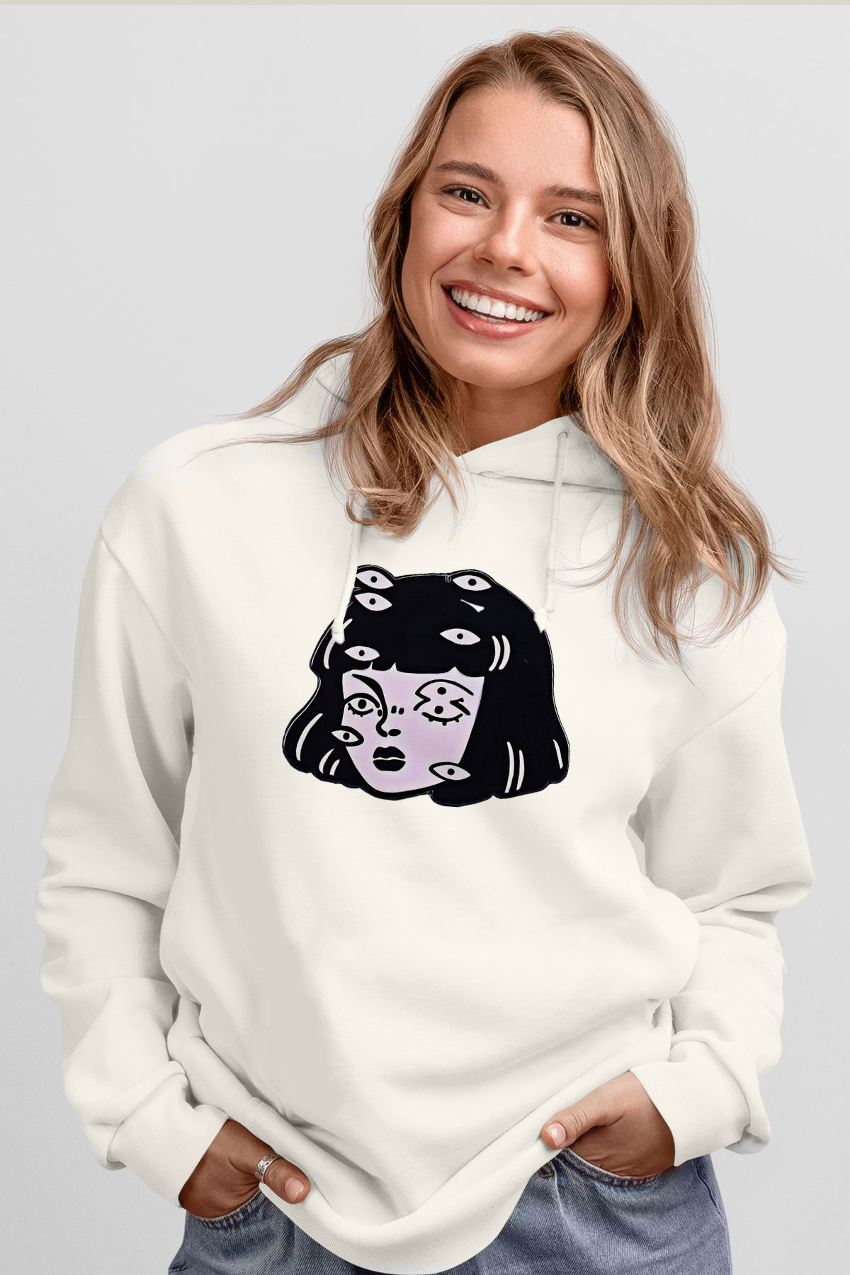 Halloween Baskılı Beyaz Unisex Kapüşonlu Sweatshirt