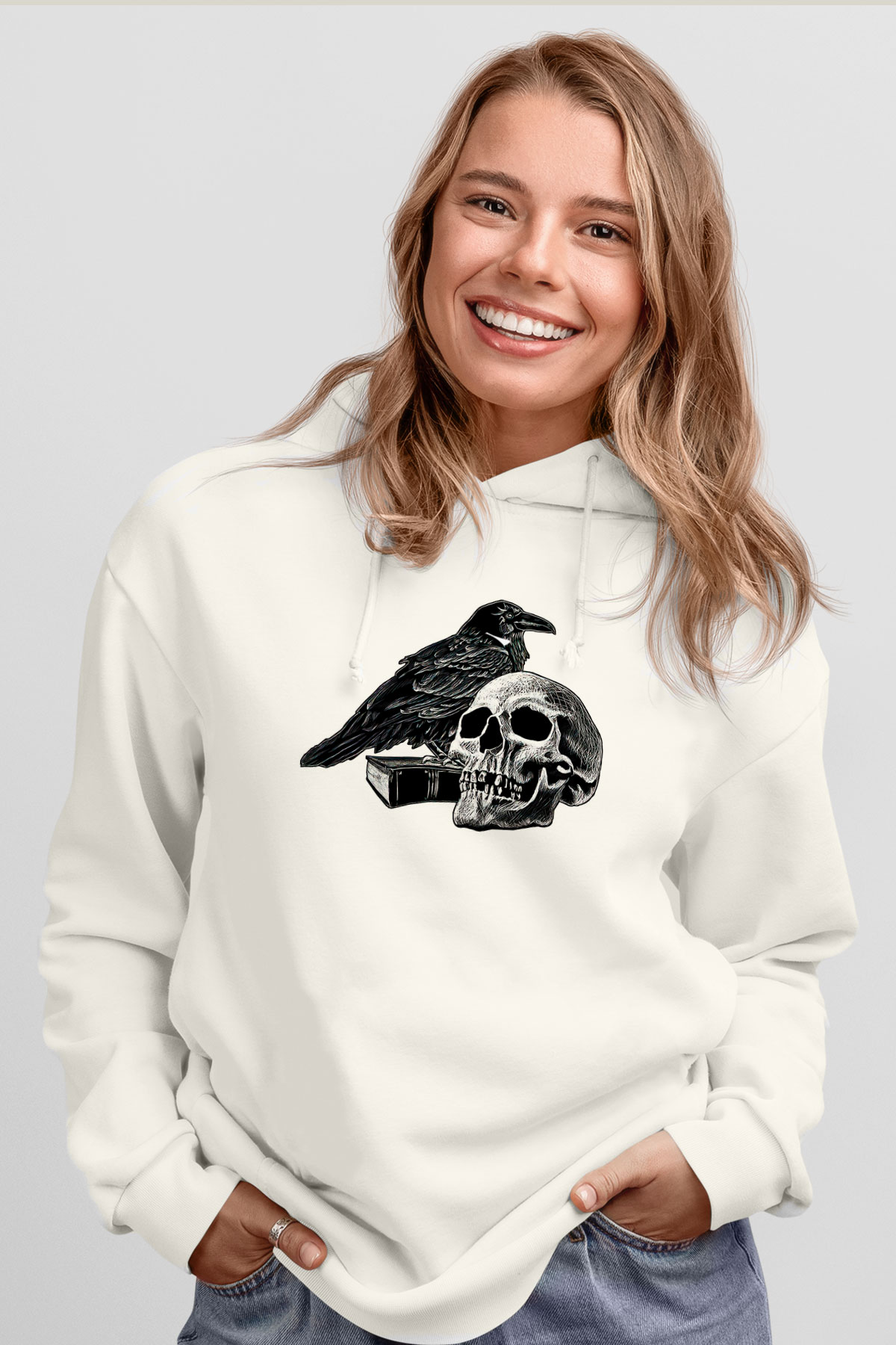 Halloween Baskılı Beyaz Unisex Kapüşonlu Sweatshirt