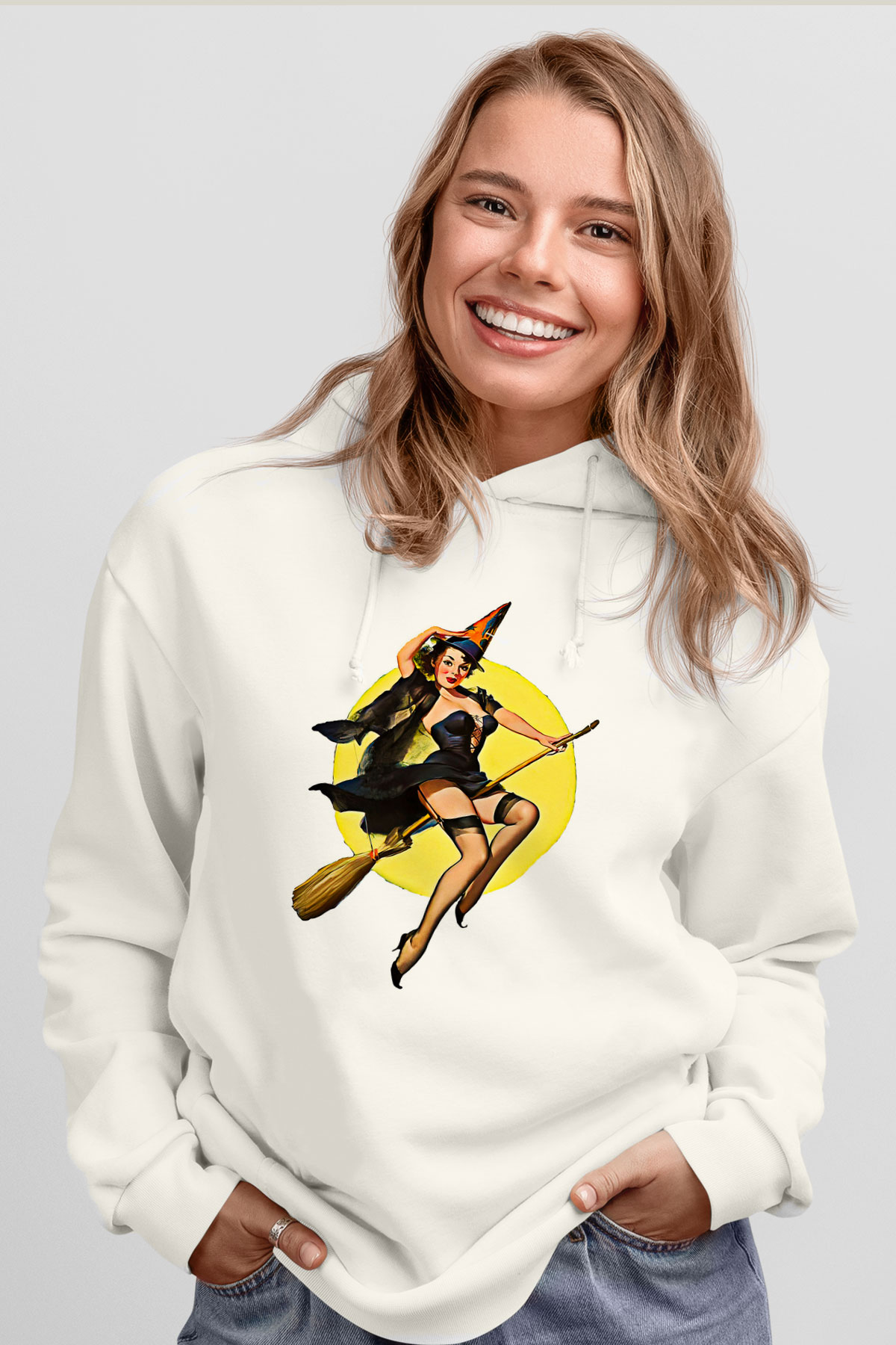 Halloween Baskılı Beyaz Unisex Kapüşonlu Sweatshirt