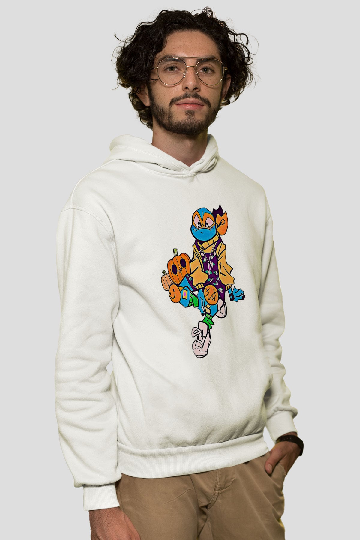 Halloween Baskılı Beyaz Unisex Kapüşonlu Sweatshirt