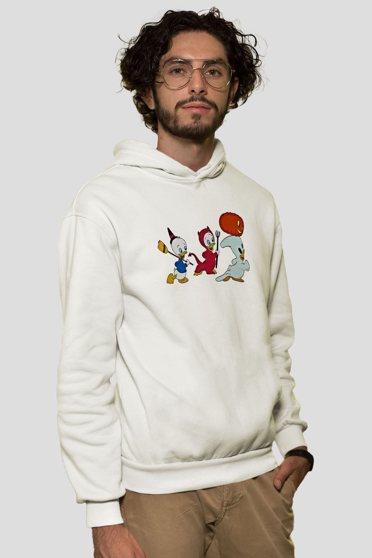 Halloween Baskılı Beyaz Unisex Kapüşonlu Sweatshirt