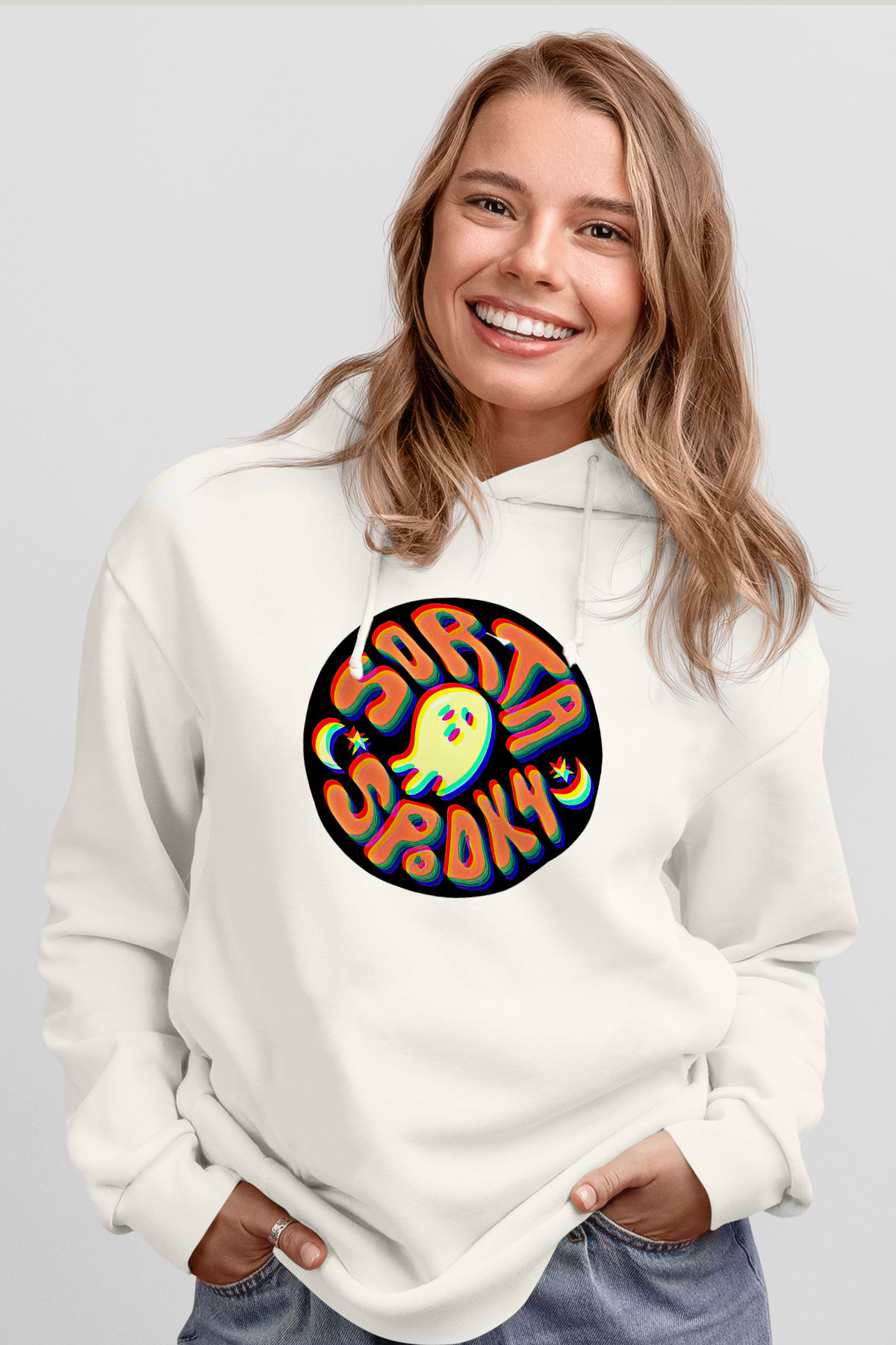 Halloween Baskılı Beyaz Unisex Kapüşonlu Sweatshirt