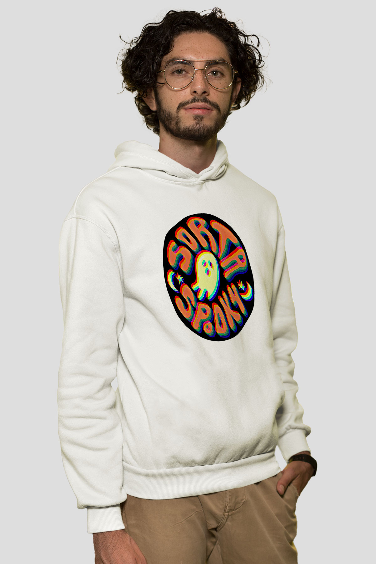 Halloween Baskılı Beyaz Unisex Kapüşonlu Sweatshirt