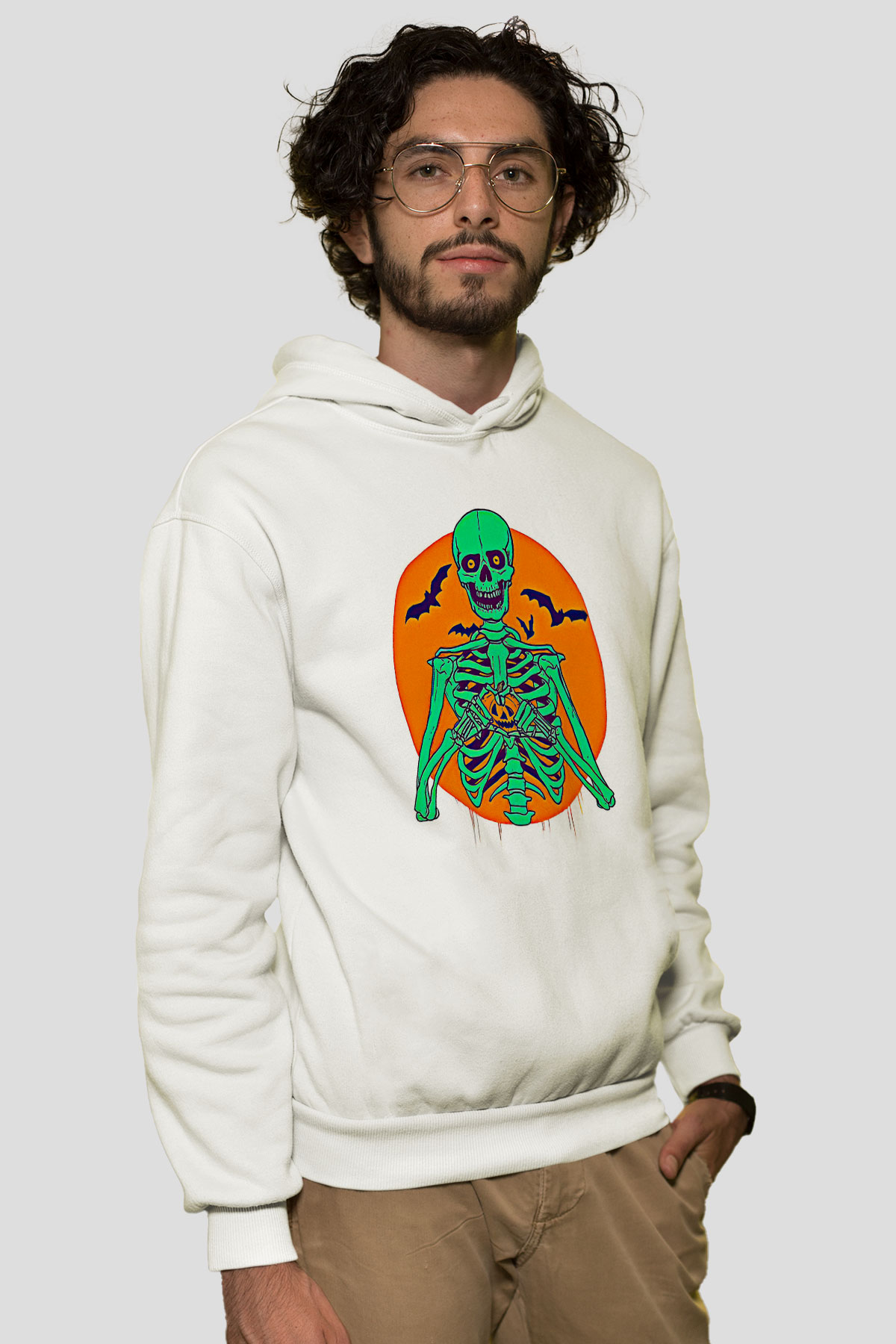 Halloween Baskılı Beyaz Unisex Kapüşonlu Sweatshirt