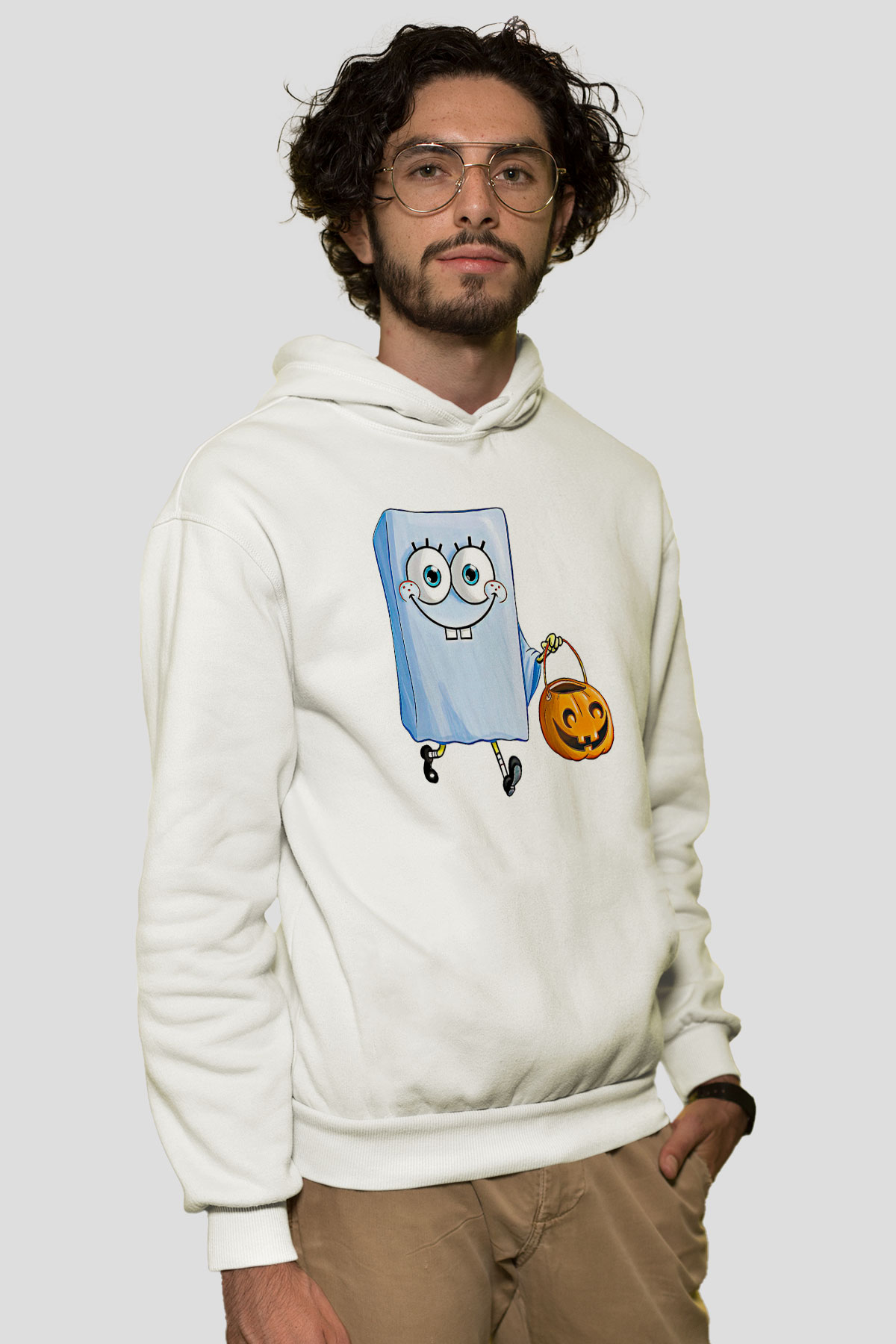 Halloween Baskılı Beyaz Unisex Kapüşonlu Sweatshirt