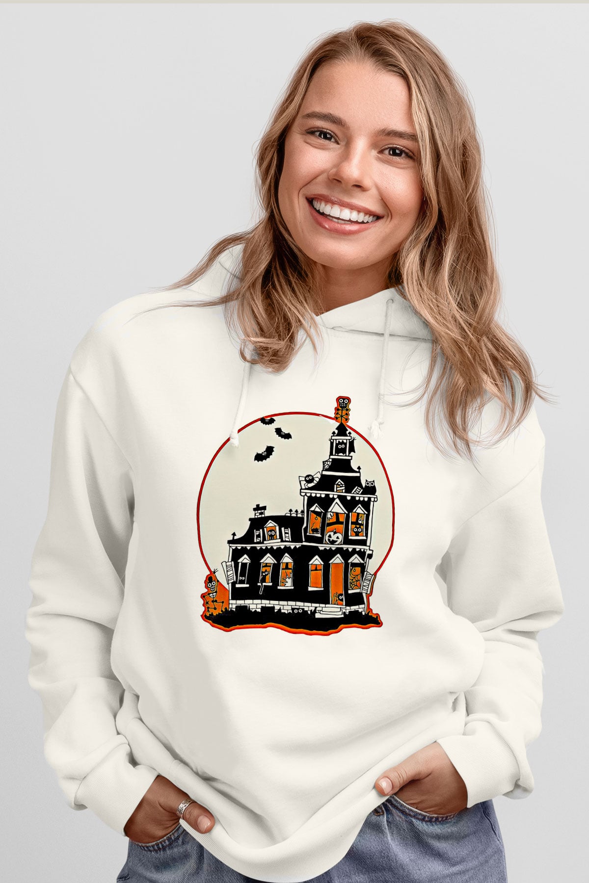 Halloween Baskılı Beyaz Unisex Kapüşonlu Sweatshirt