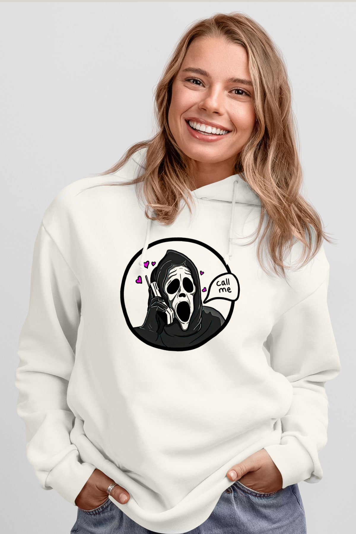 Halloween Baskılı Beyaz Unisex Kapüşonlu Sweatshirt