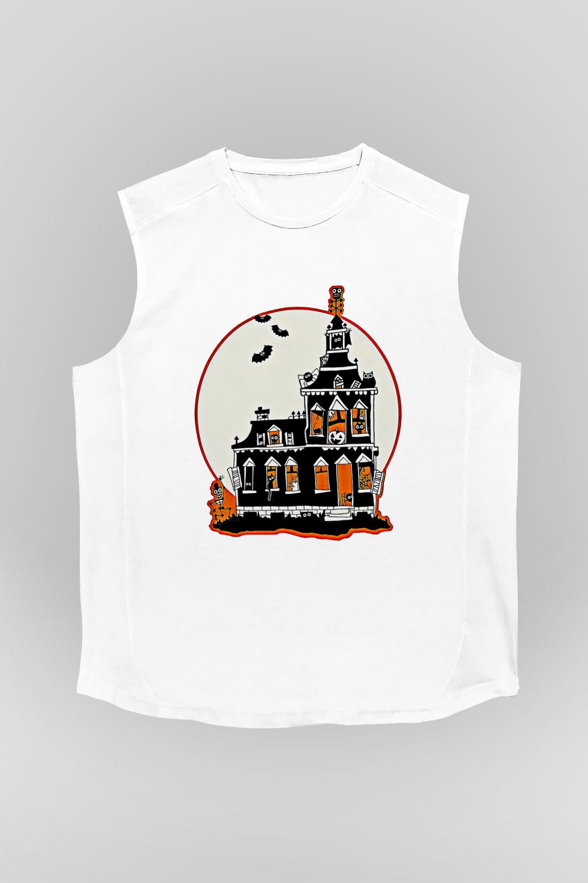 Halloween Baskılı Beyaz Unisex Kolsuz Tişört - Tshirt
